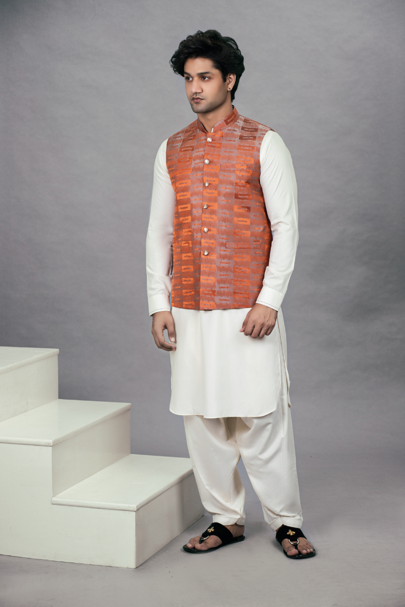Orange Crinkle Textured Waistcoat Kurta Set (3-Piece) - Image 1