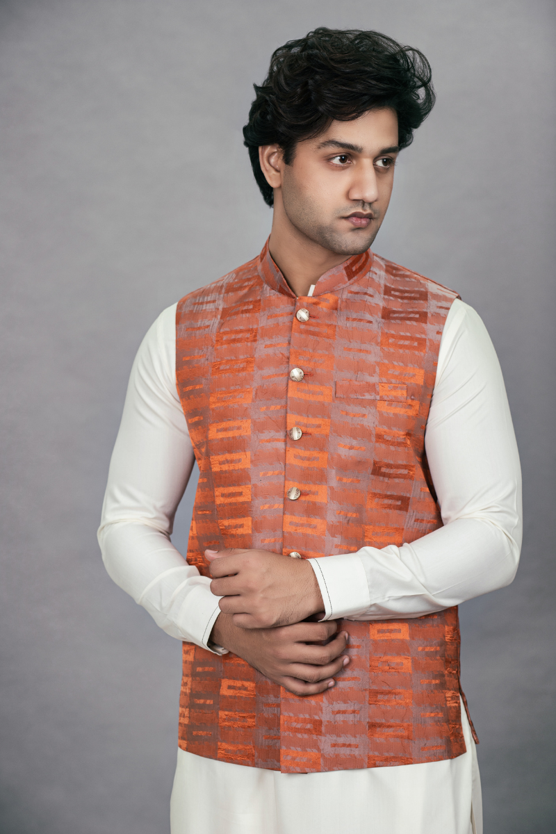 Orange Crinkle Textured Waistcoat Kurta Set (3-Piece) - Image 2