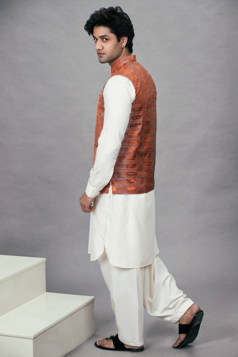 Orange Crinkle Textured Waistcoat Kurta Set (3-Piece) - Image 3