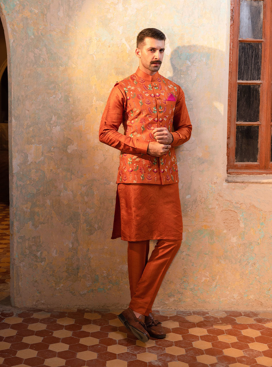 Rust Jacquard Embroidered Waistcoat Kurta Set (3-Piece) - Image 1