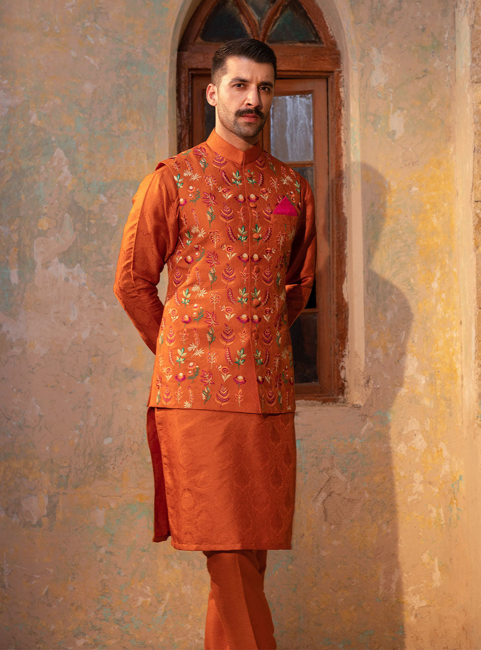 Rust Jacquard Embroidered Waistcoat Kurta Set (3-Piece) - Image 2