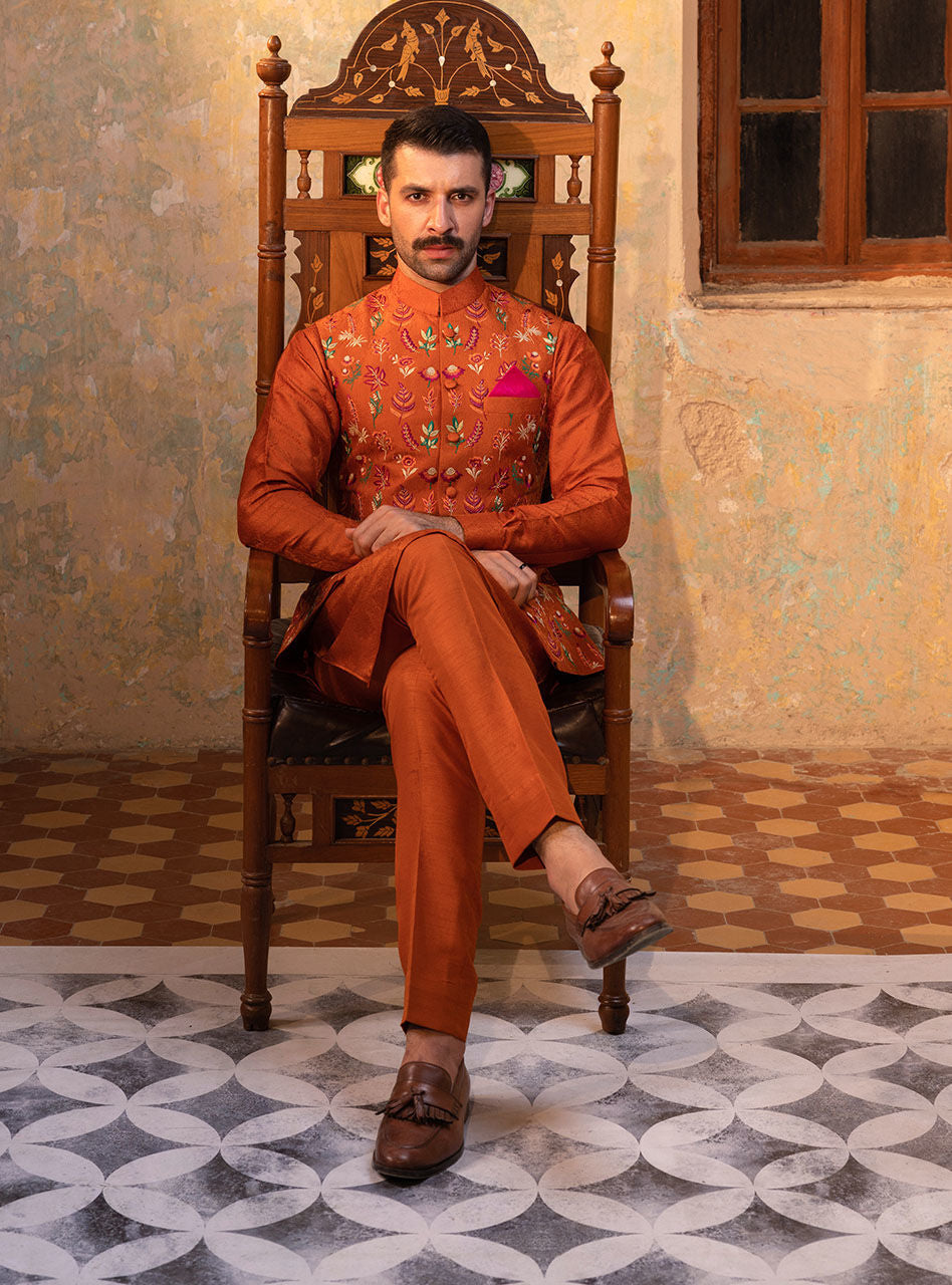 Rust Jacquard Embroidered Waistcoat Kurta Set (3-Piece) - Image 3