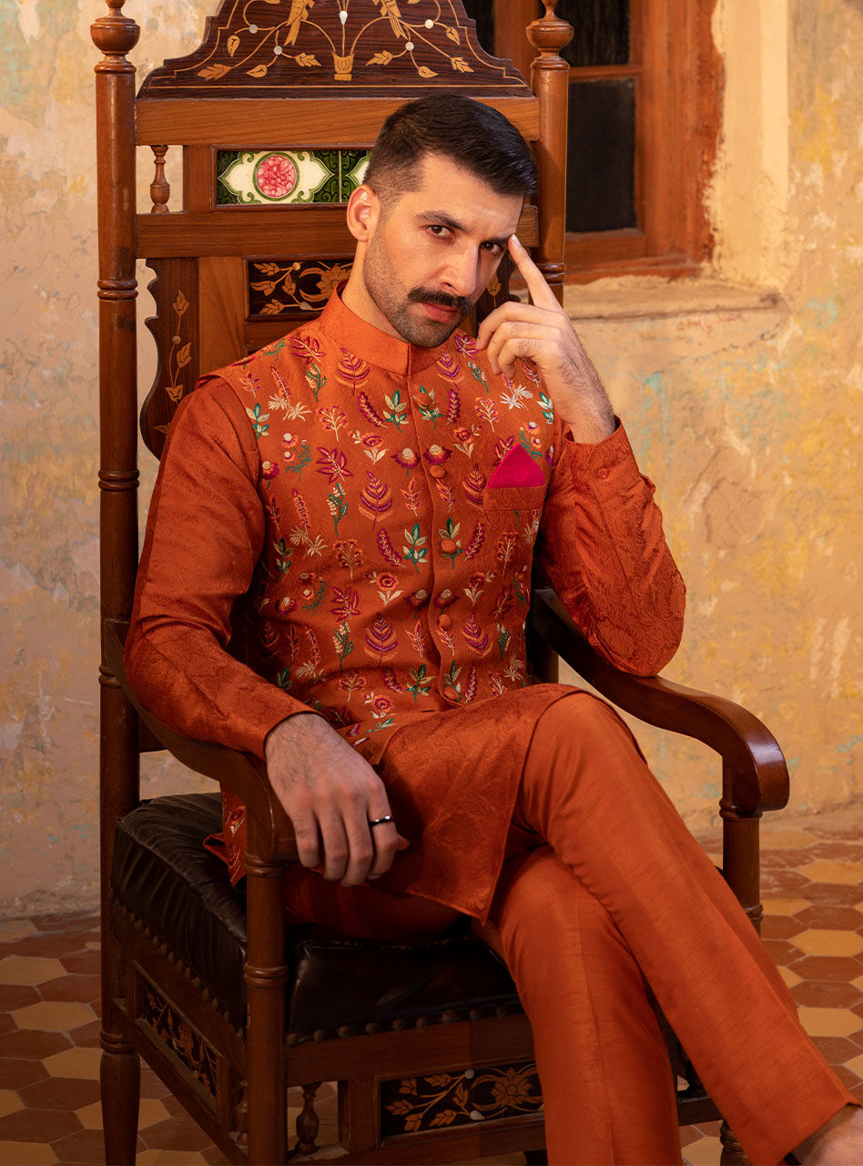 Rust Jacquard Embroidered Waistcoat Kurta Set (3-Piece) - Image 4