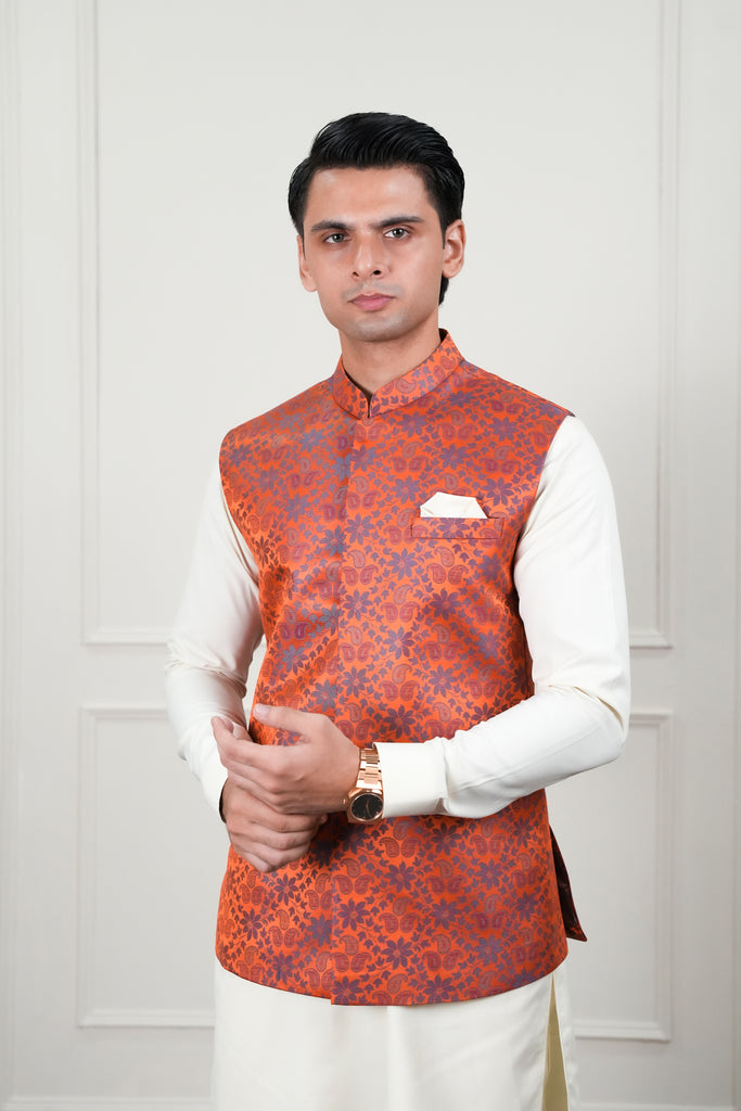 Orange Jamawar Waistcoat Kurta Pajama (3-Piece) - Image 1