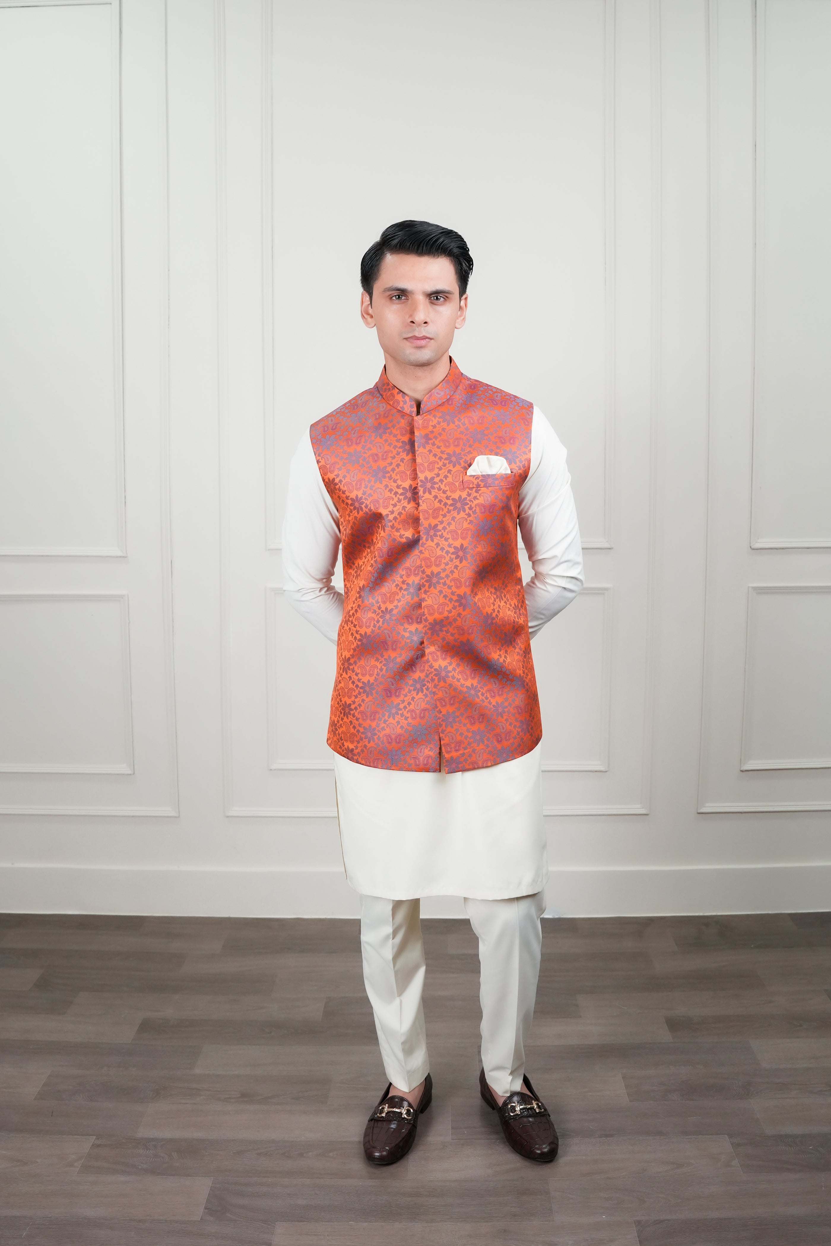 Orange Jamawar Waistcoat Kurta Pajama (3-Piece) - Image 3