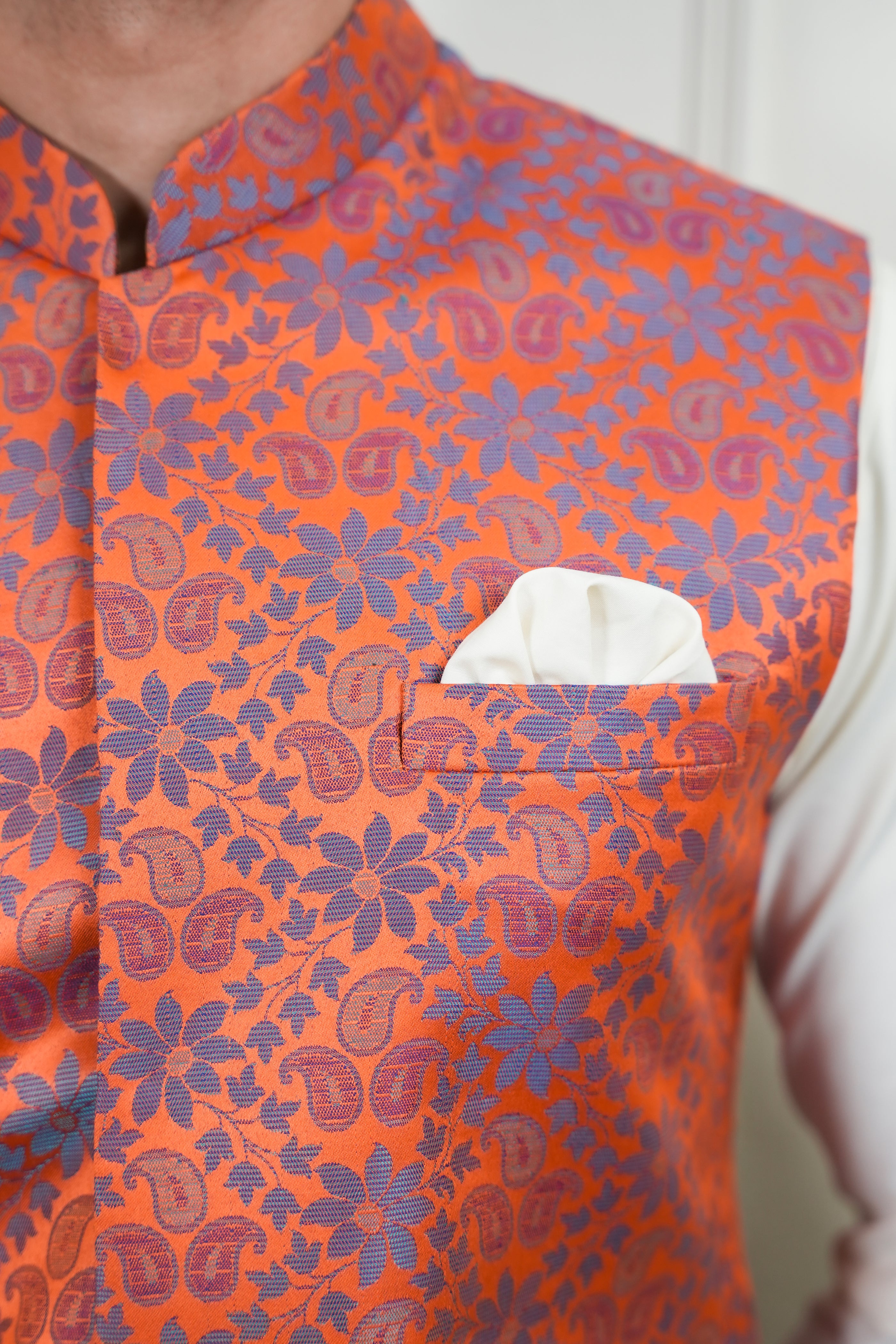 Orange Jamawar Waistcoat Kurta Pajama (3-Piece) - Image 4