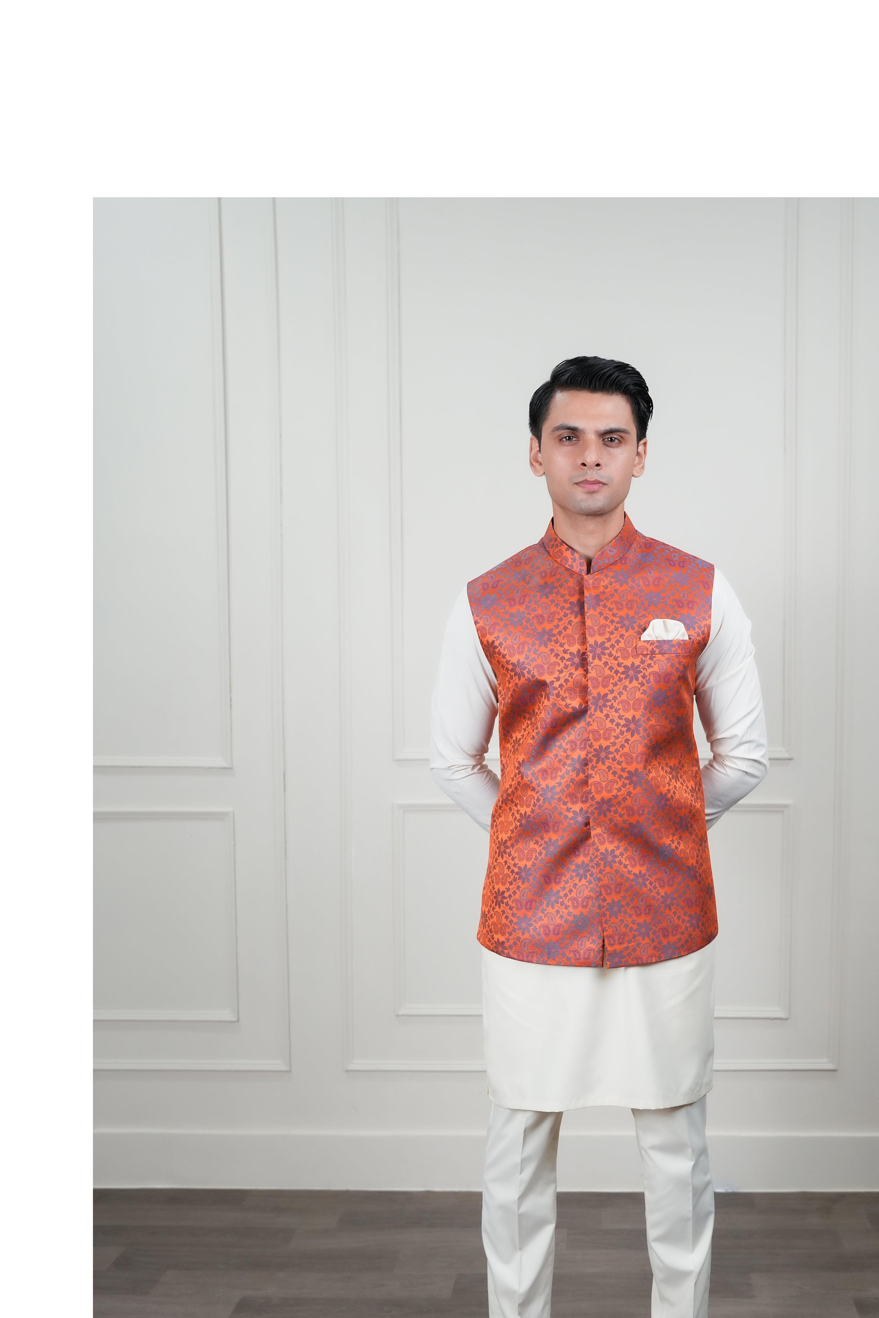Orange Jamawar Waistcoat Kurta Pajama (3-Piece) - Image 5