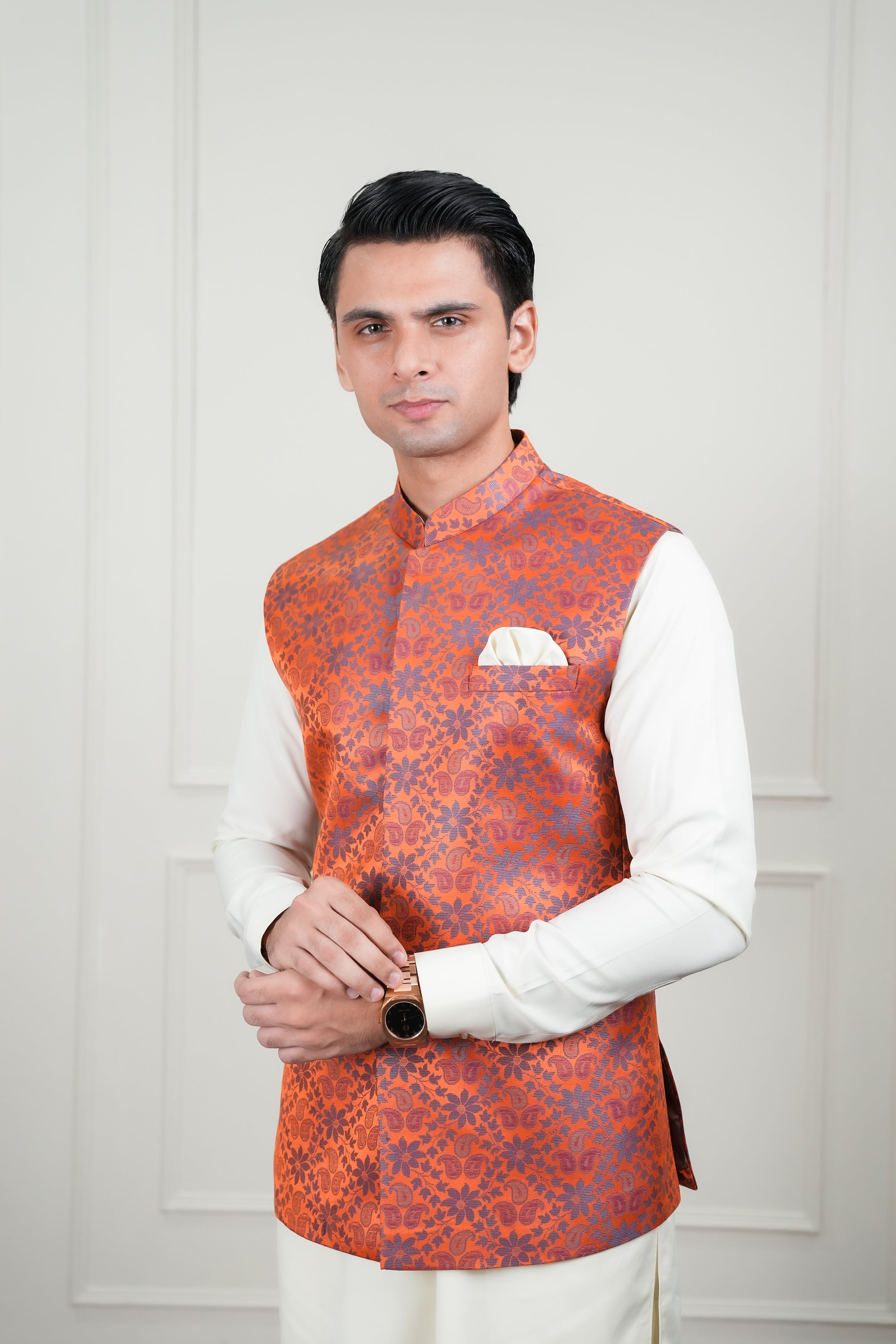 Orange Jamawar Waistcoat Kurta Pajama (3-Piece) - Image 6