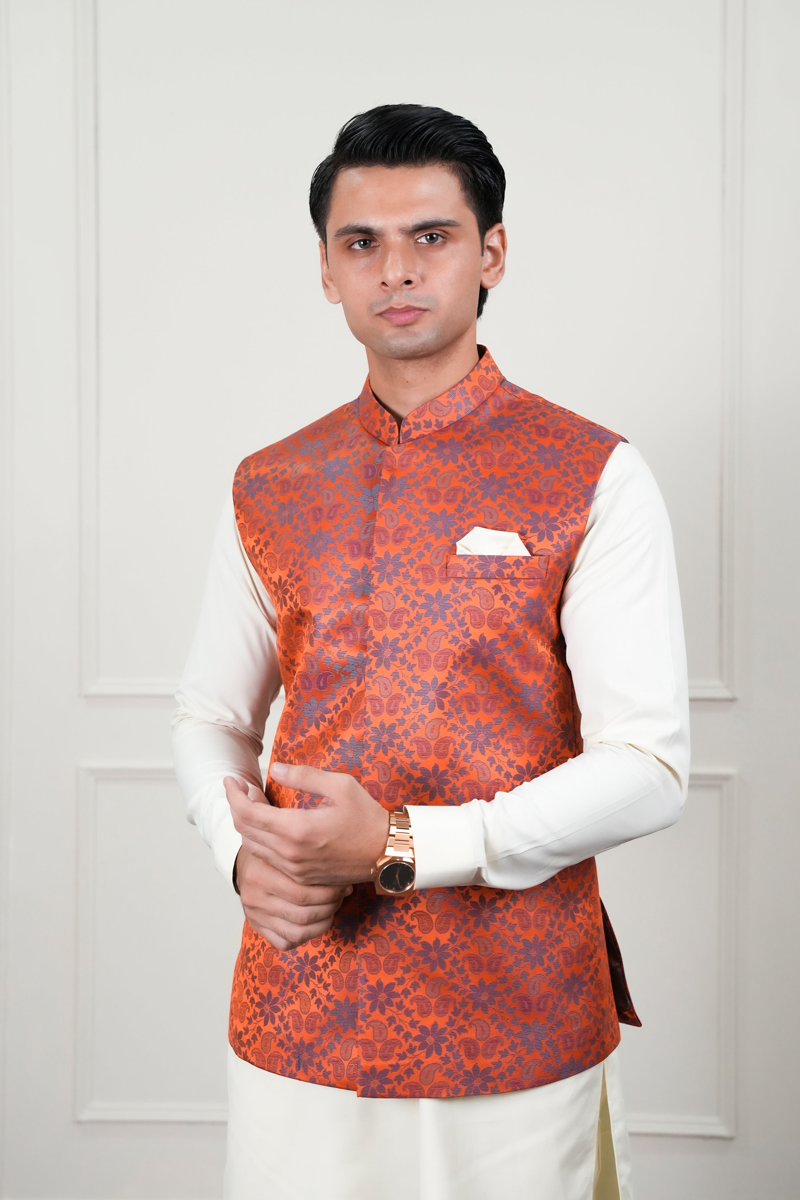 Orange Jamawar Waistcoat Kurta Pajama (3-Piece) - Image 7