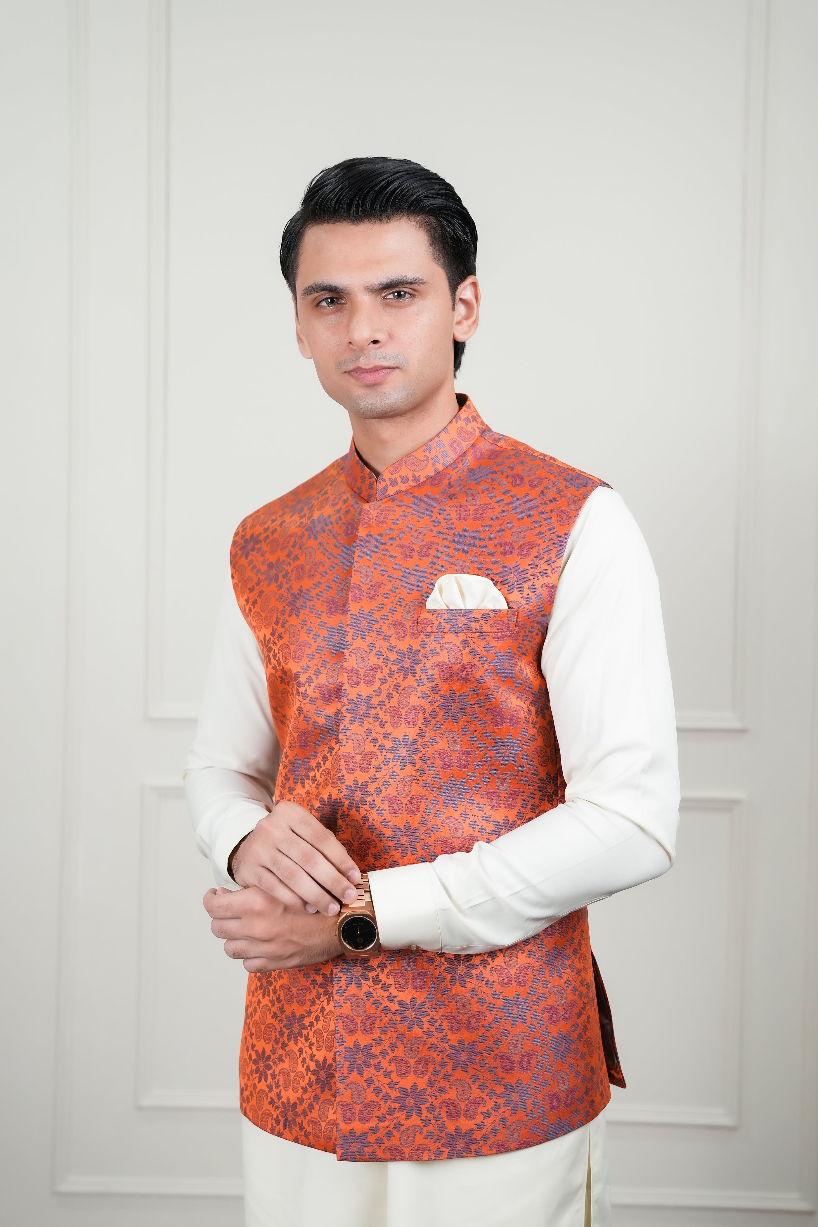 Orange Jamawar Waistcoat Kurta Pajama (3-Piece) - Image 8