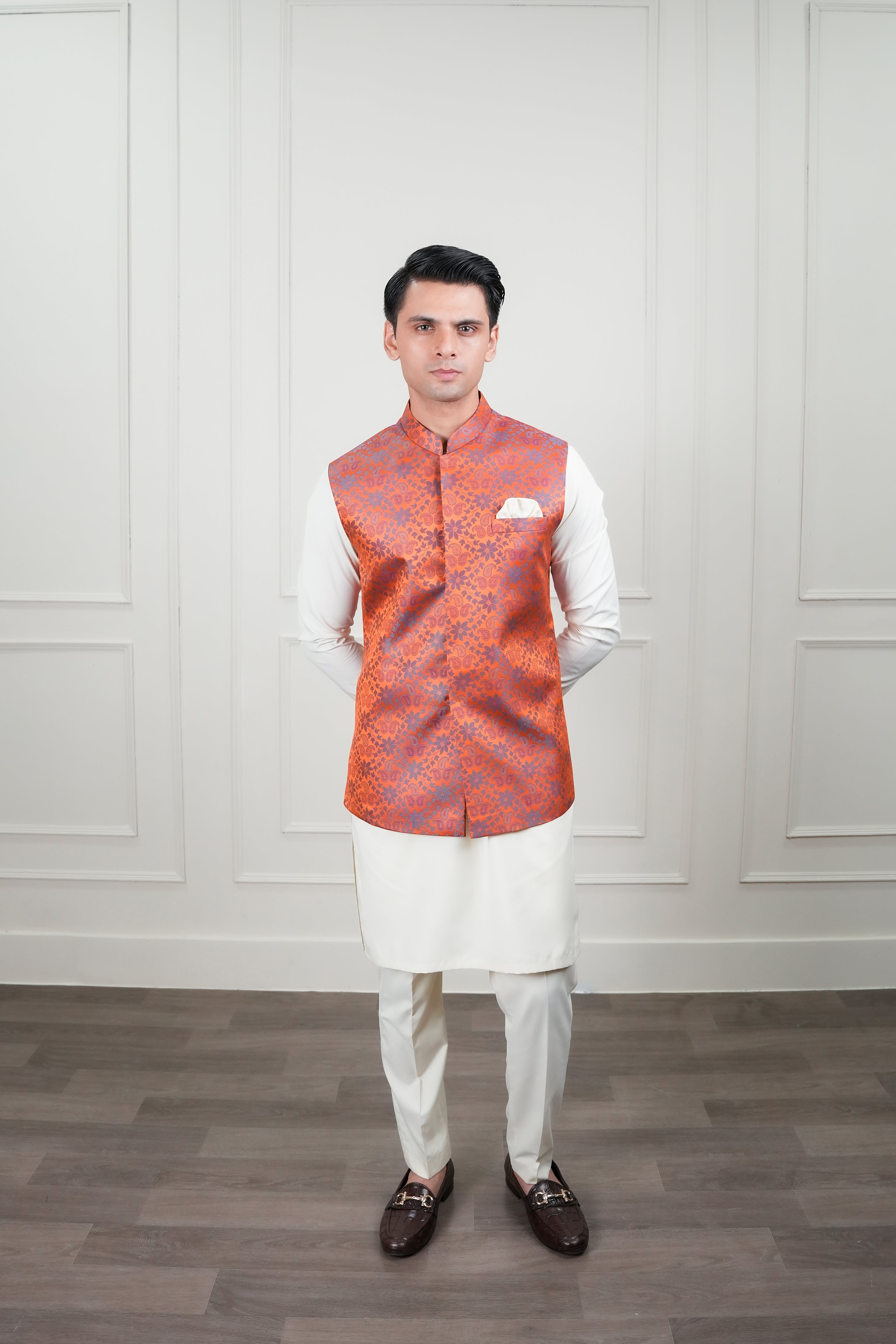 Orange Jamawar Waistcoat Kurta Pajama (3-Piece) - Image 9