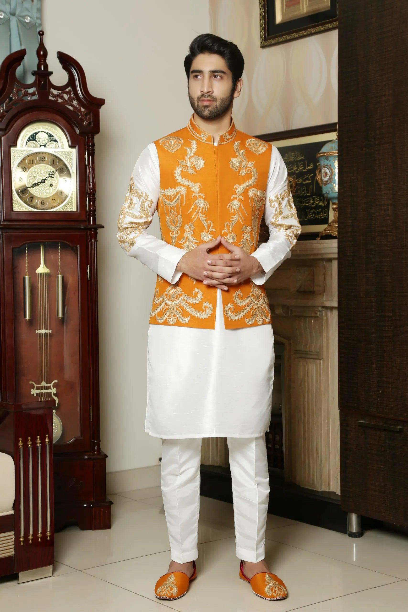 Orange Anchur Thread Tilla Mat Silk Waistcoat (1-Pc) - Image 1