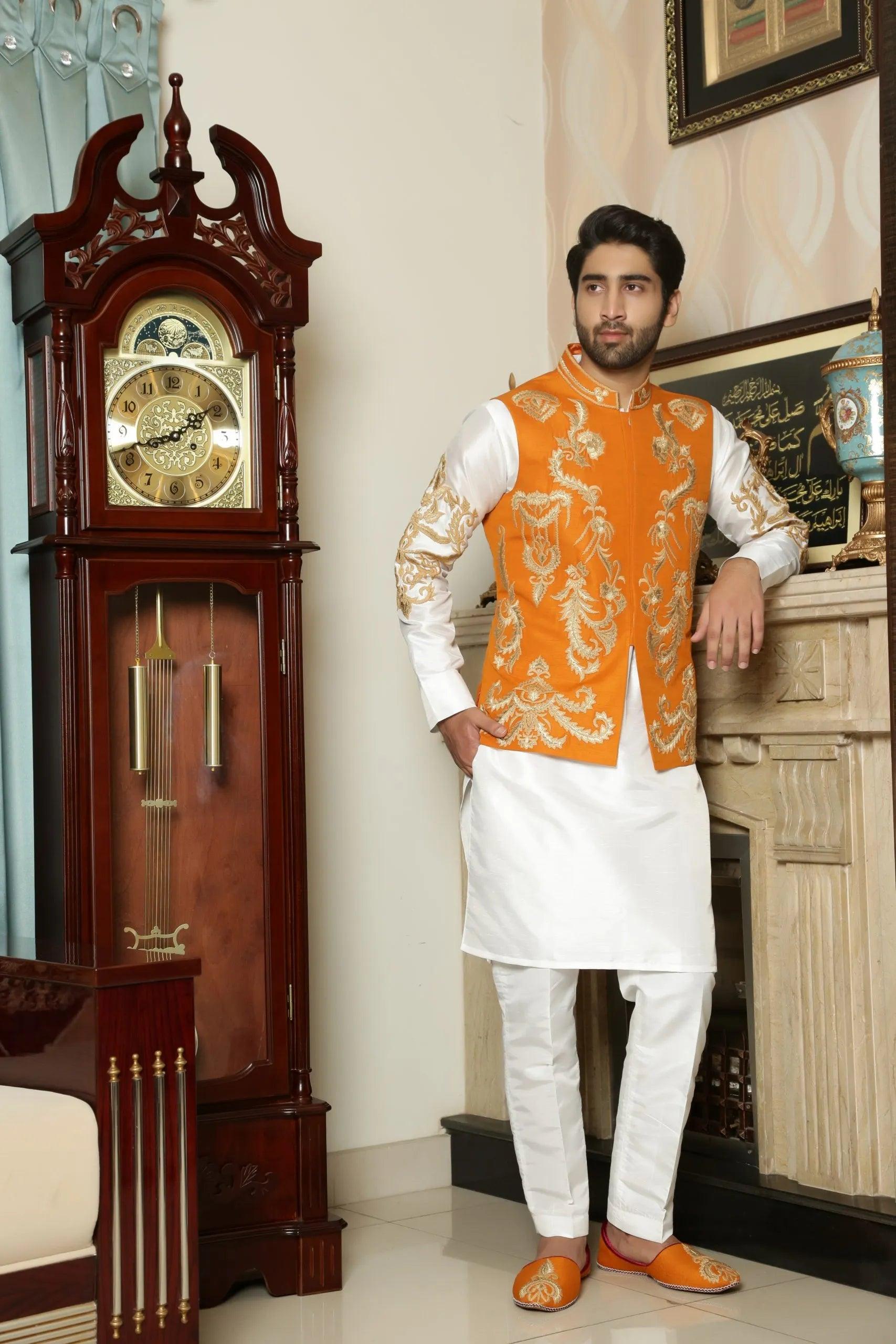 Orange Anchur Thread Tilla Mat Silk Waistcoat (1-Pc) - Image 2