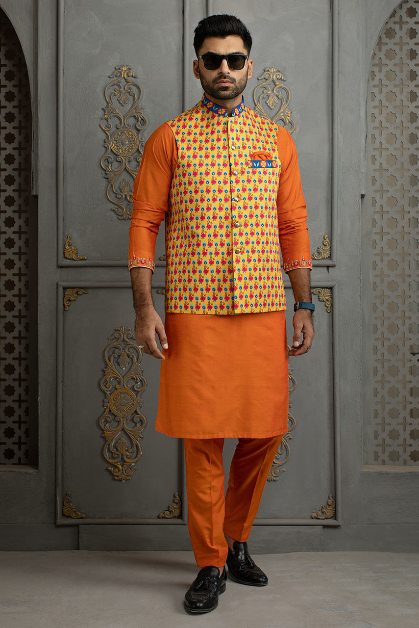 Orange Embroidered Raw Silk Waistcoat Kurta Set (3-Piece) - Image 1