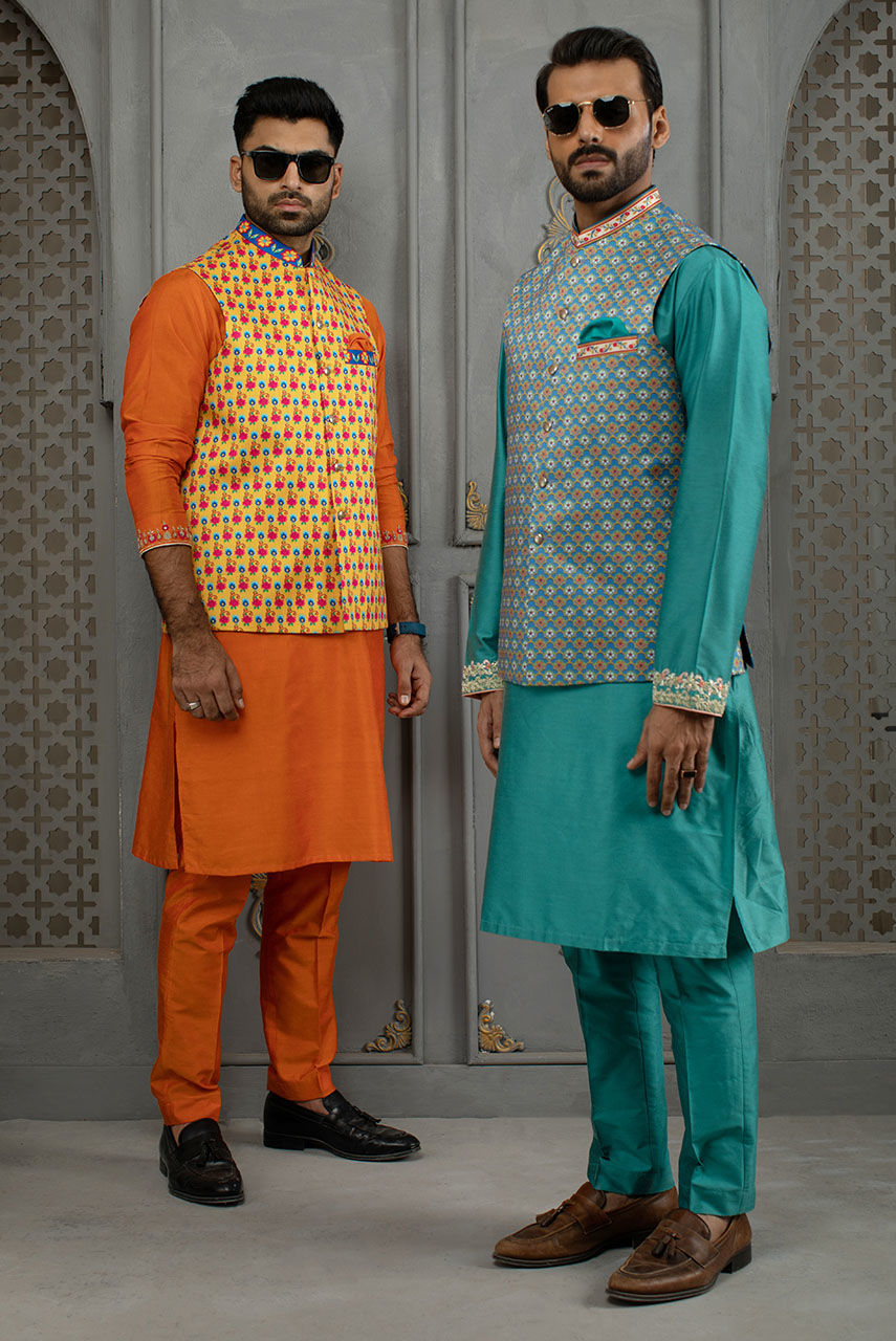 Orange Embroidered Raw Silk Waistcoat Kurta Set (3-Piece) - Image 3