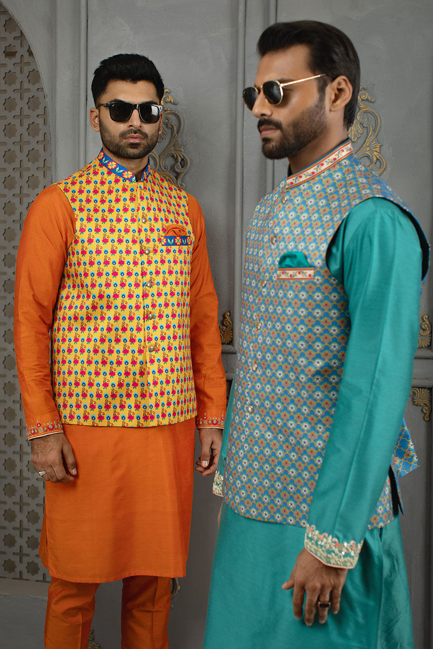 Orange Embroidered Raw Silk Waistcoat Kurta Set (3-Piece) - Image 4