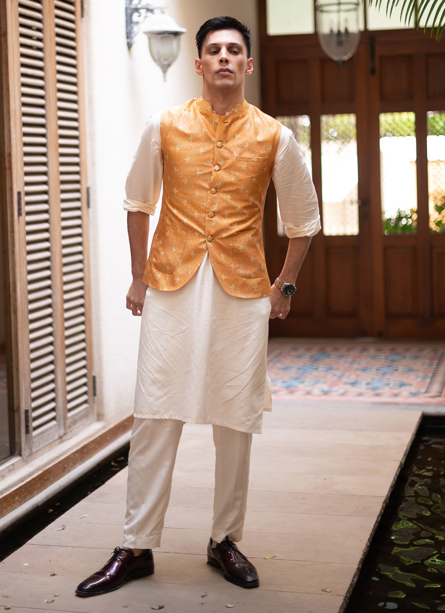 Saffron Digital Printed Raw Silk Waistcoat (3-Piece) - Image 1