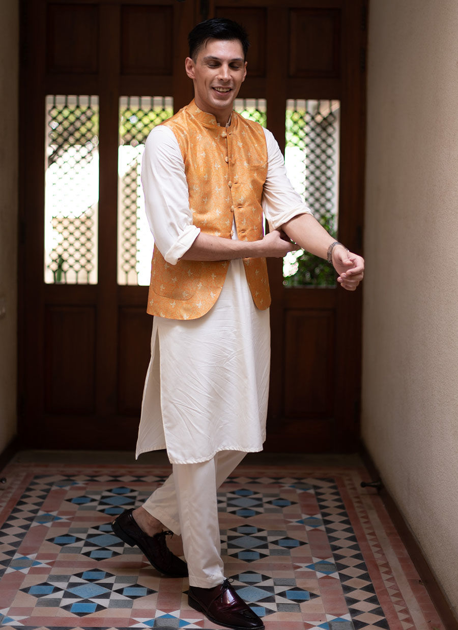 Saffron Digital Printed Raw Silk Waistcoat (3-Piece) - Image 2