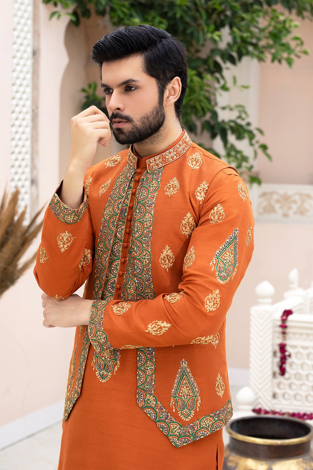 Rust Orange Ada & Block Print Silk Waistcoat Kurta (3-Piece) - Image 3