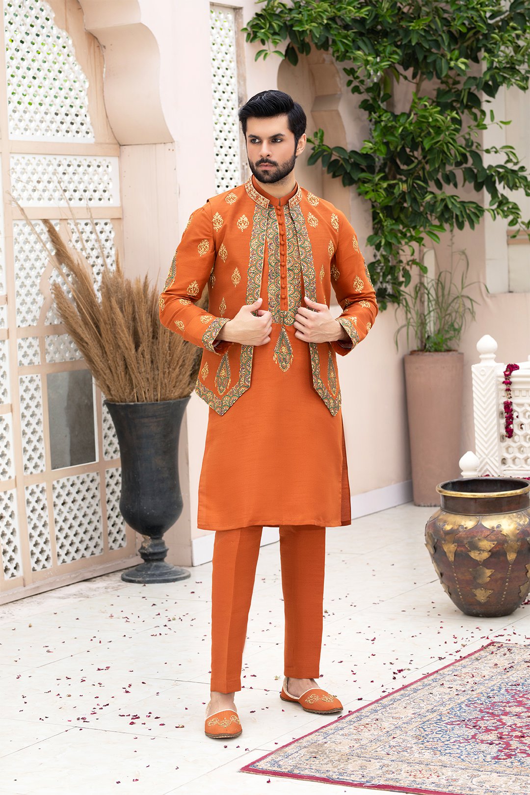 Rust Orange Ada & Block Print Silk Waistcoat Kurta (3-Piece) - Image 2