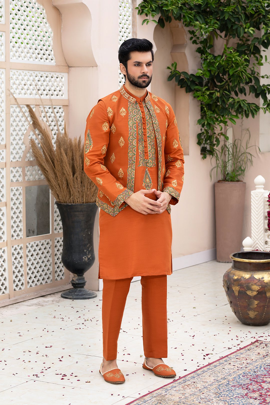 Rust Orange Ada & Block Print Silk Waistcoat Kurta (3-Piece) - Image 1