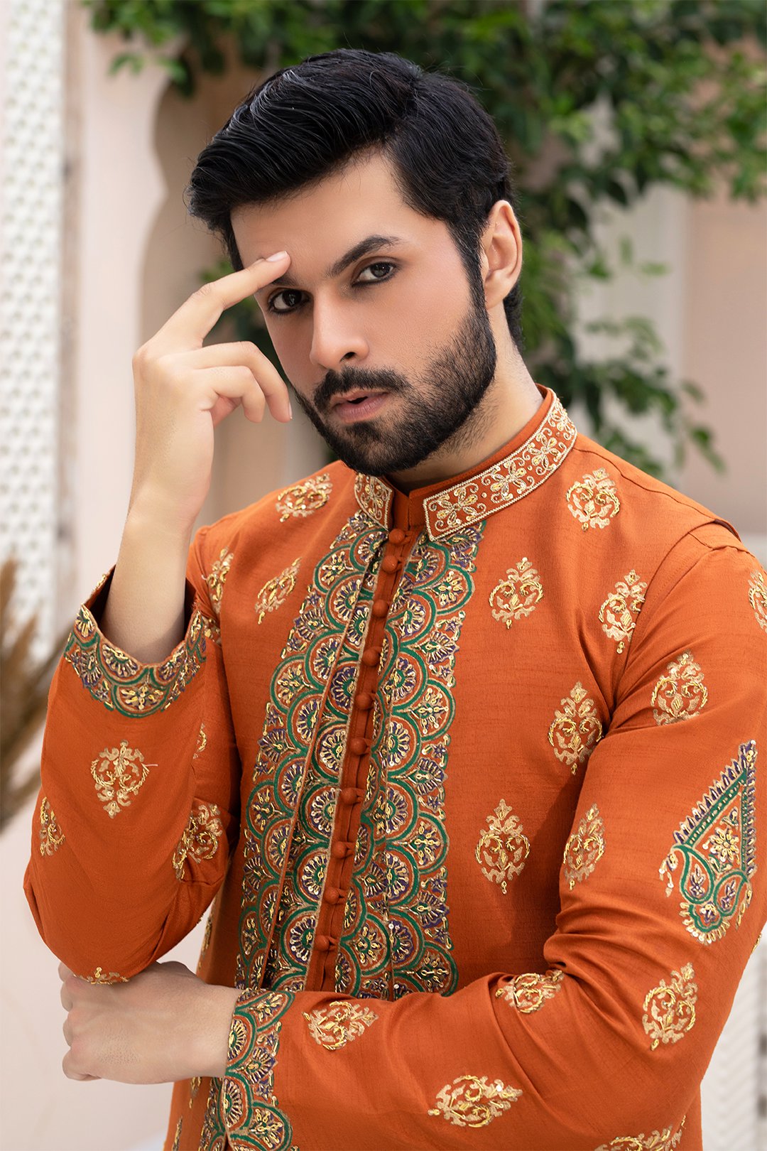 Rust Orange Ada & Block Print Silk Waistcoat Kurta (3-Piece) - Image 4