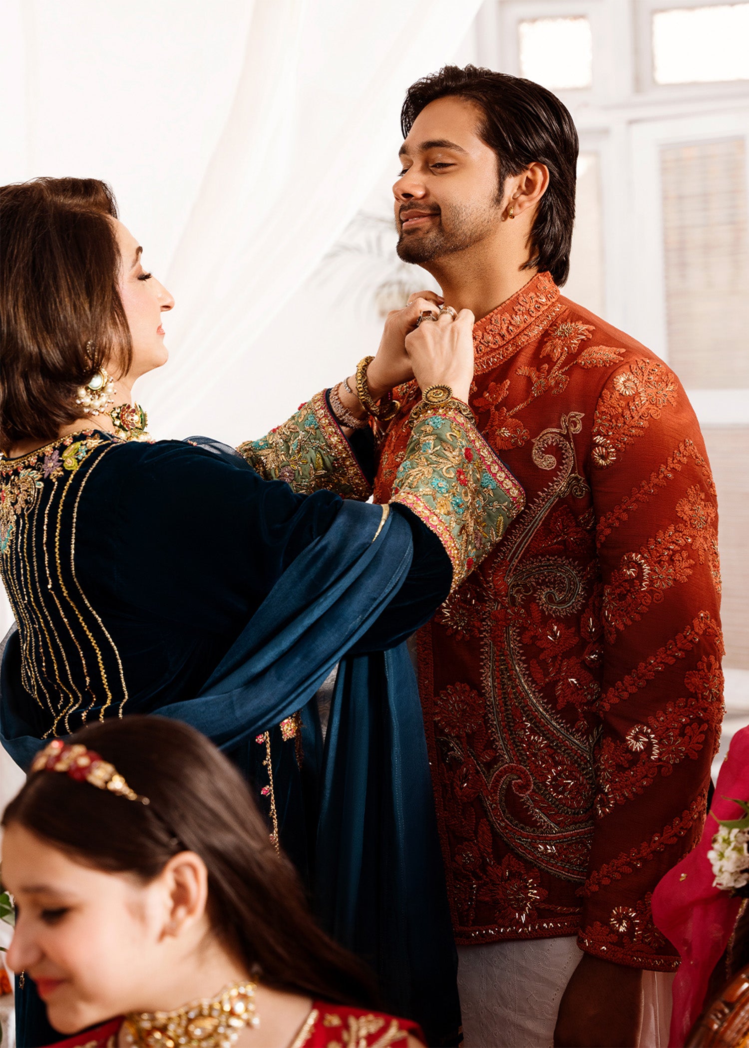 Burnt Orange Embroidered Silk-Blend Waistcoat Kurta (3-Piece) - Image 1