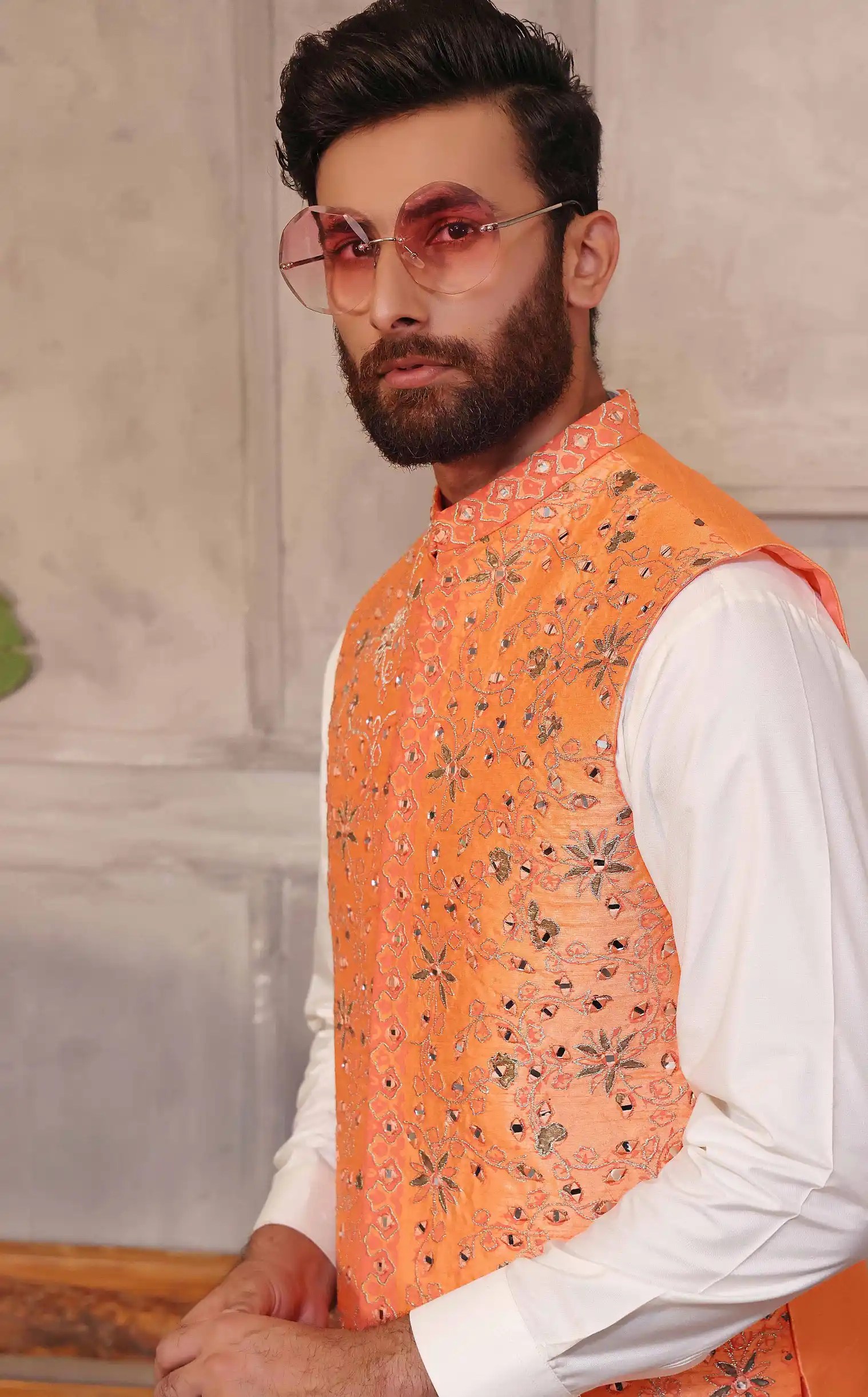 Orange Mirrorwork Silk-Blend Waistcoat Kurta (3-Piece) - Image 1