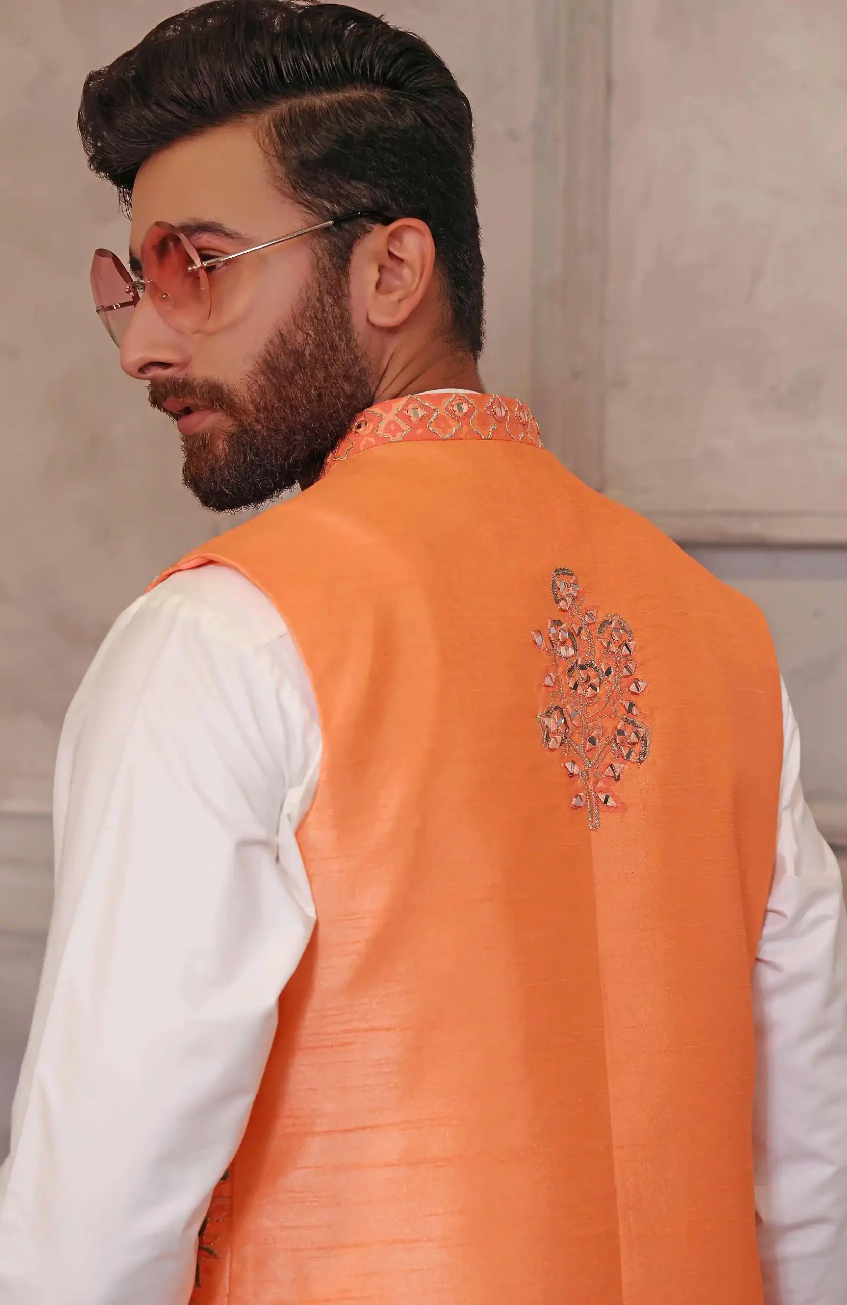 Orange Mirrorwork Silk-Blend Waistcoat Kurta (3-Piece) - Image 2