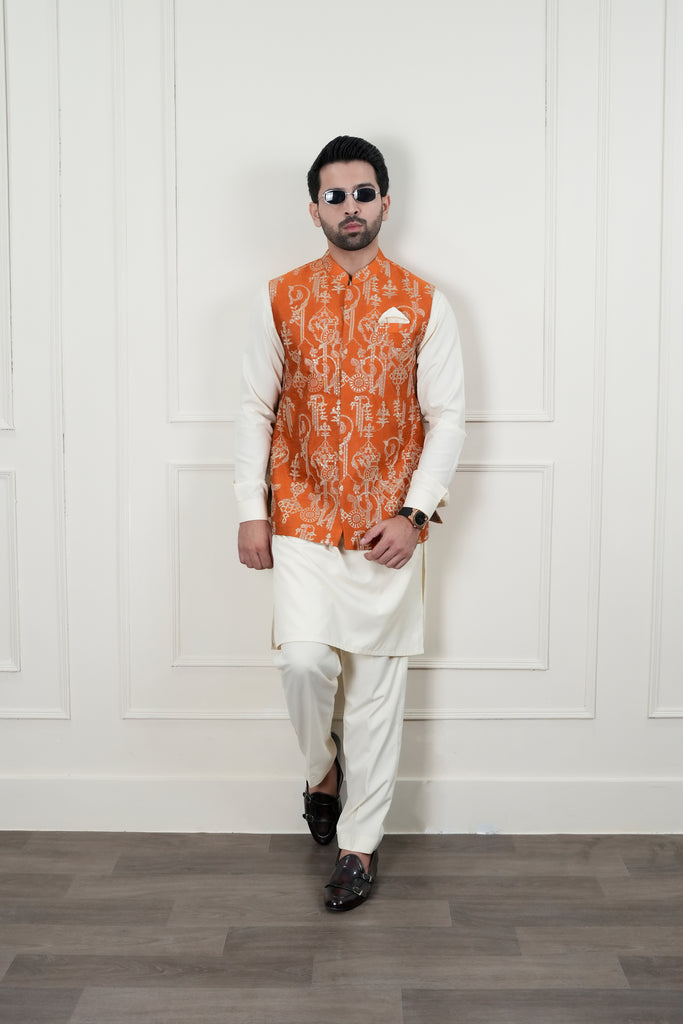 Rust Beige Sequin-Embroidered Waistcoat with Bosky Kurta Pajama (3-Piece) - Image 1