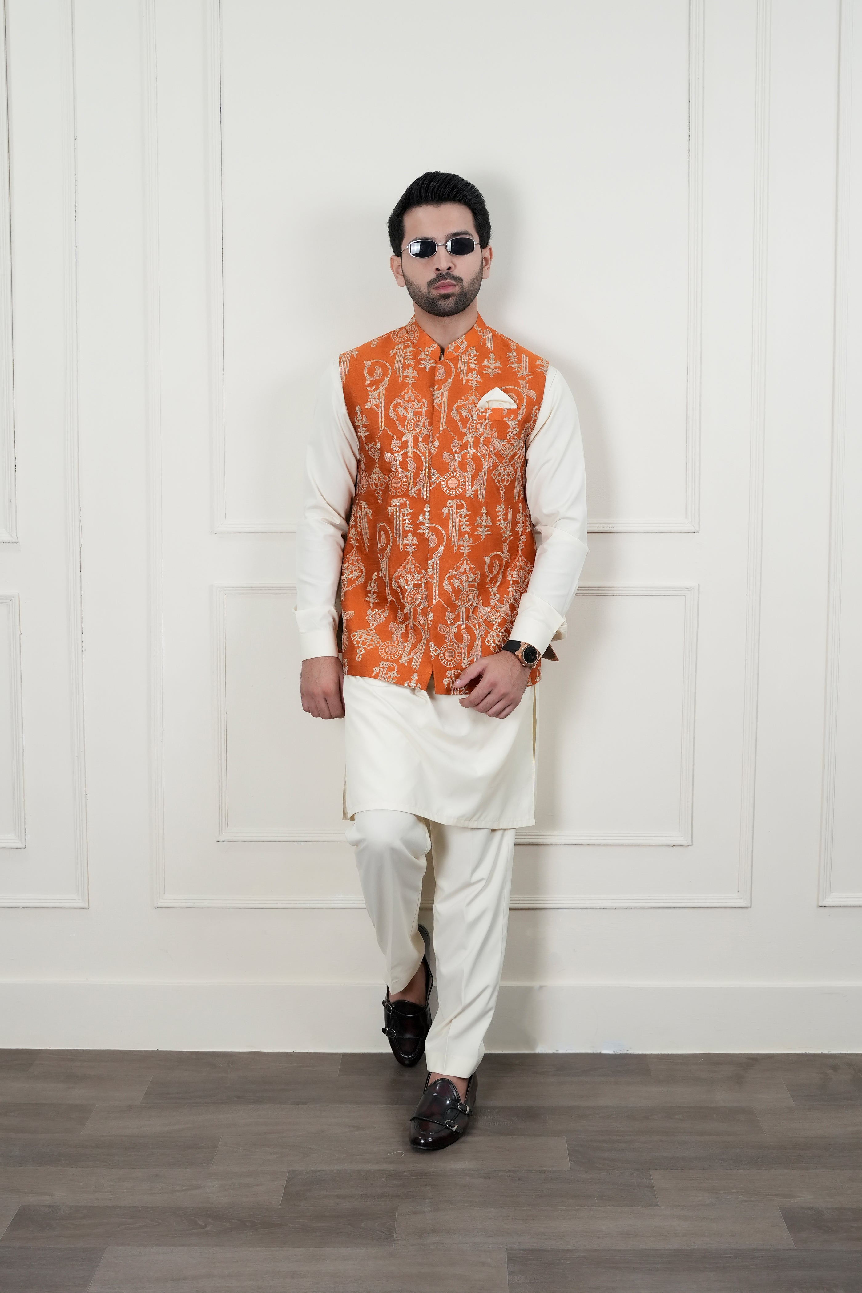 Rust Beige Sequin-Embroidered Waistcoat with Bosky Kurta Pajama (3-Piece) - Image 2