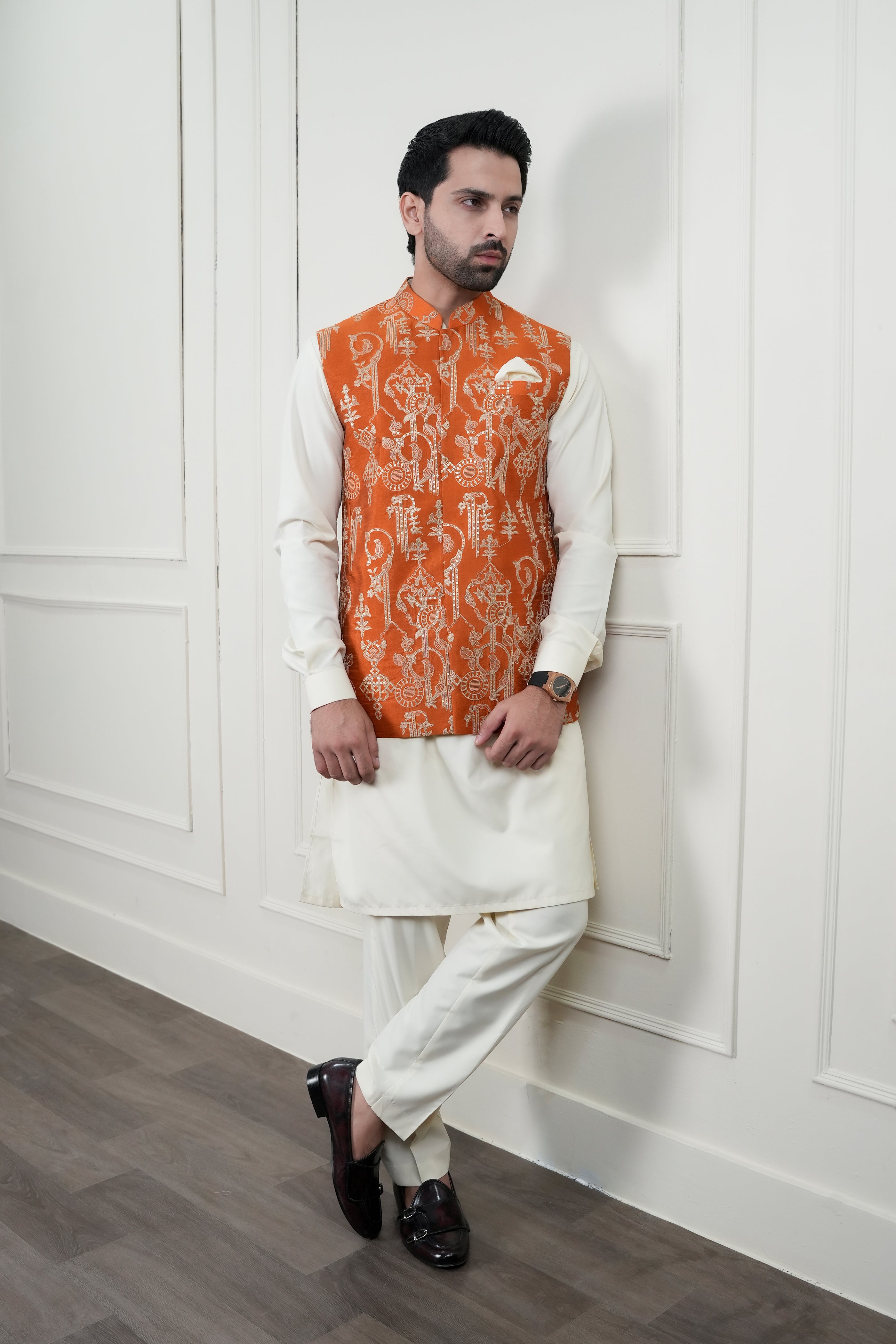 Rust Beige Sequin-Embroidered Waistcoat with Bosky Kurta Pajama (3-Piece) - Image 4
