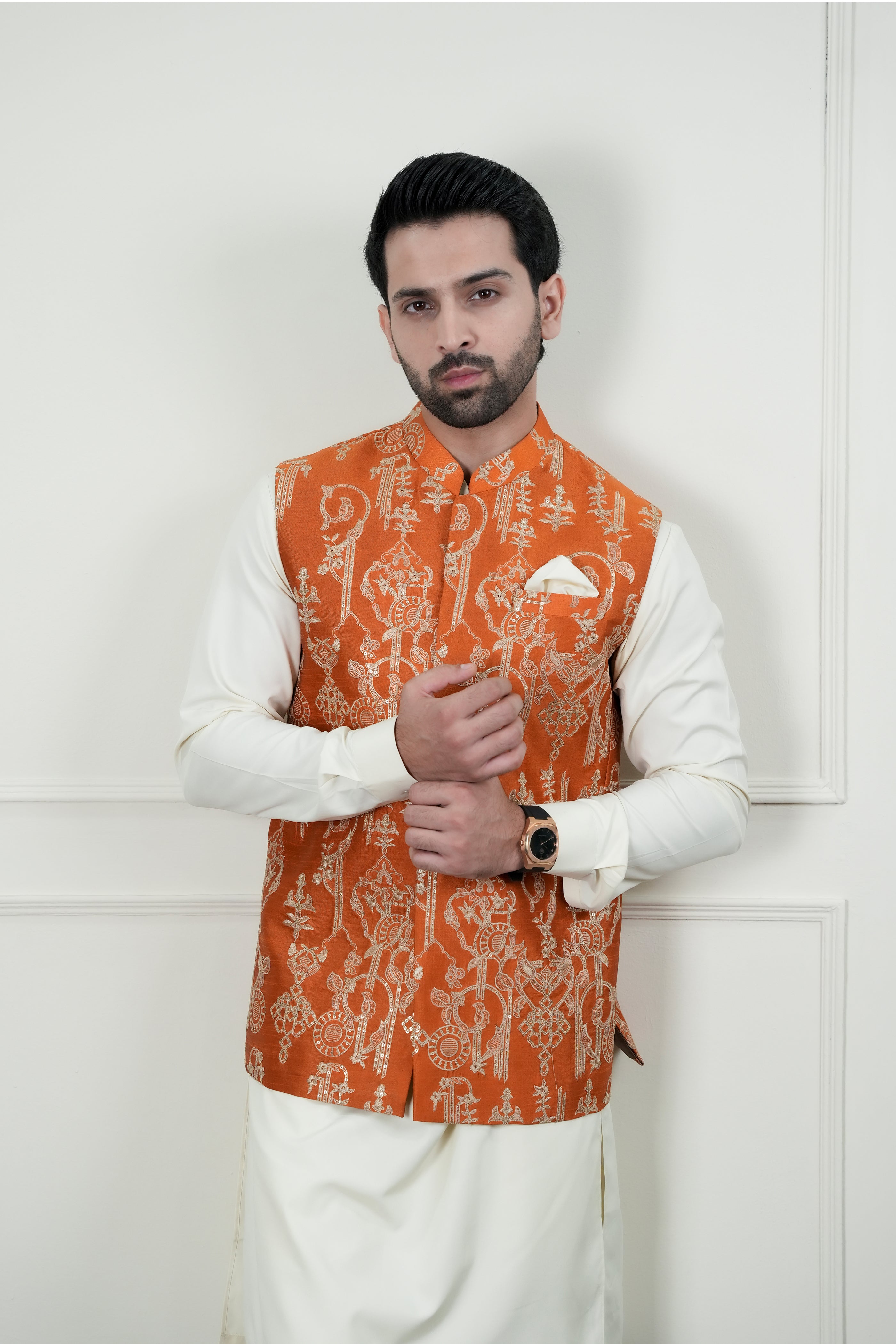 Rust Beige Sequin-Embroidered Waistcoat with Bosky Kurta Pajama (3-Piece) - Image 5