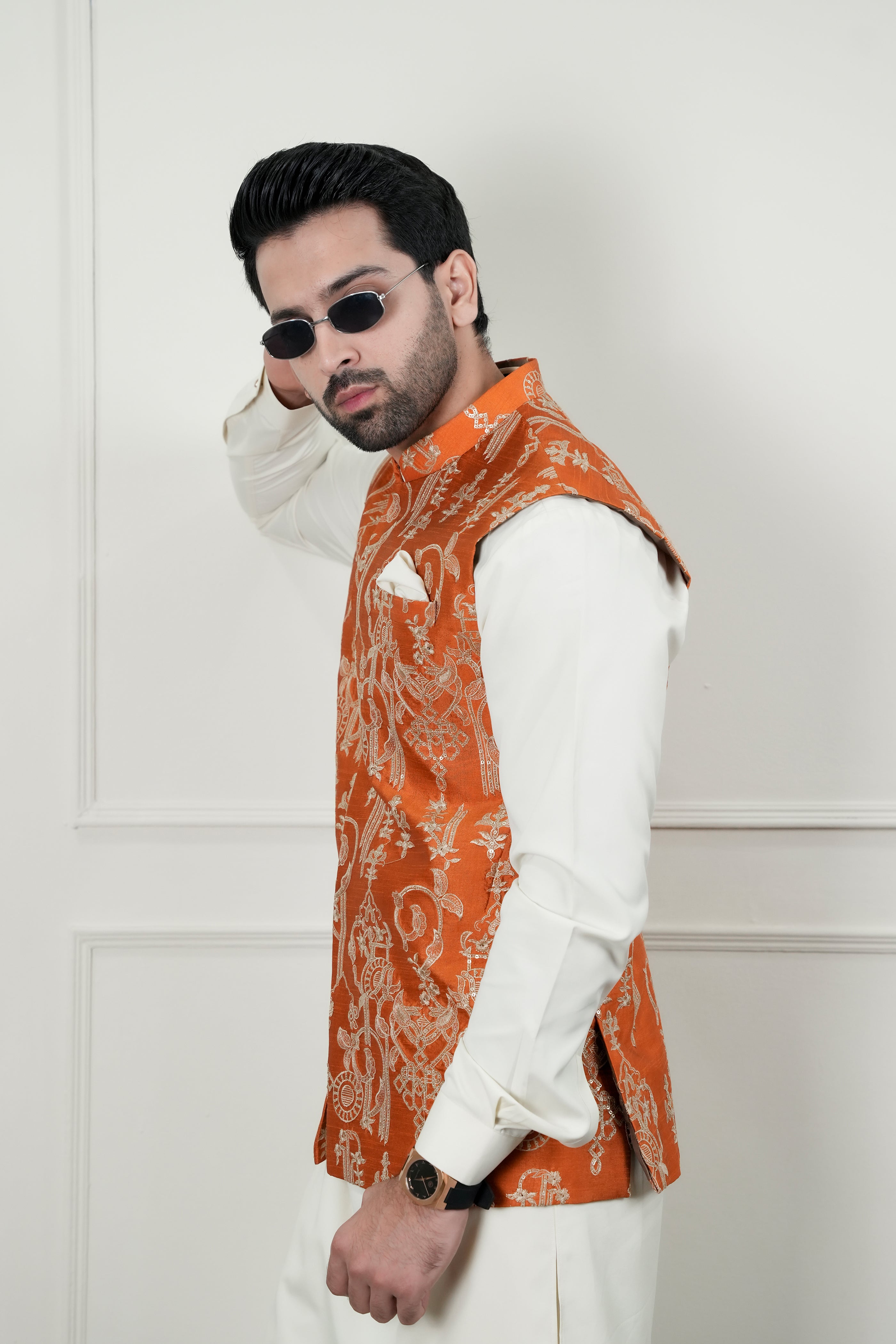 Rust Beige Sequin-Embroidered Waistcoat with Bosky Kurta Pajama (3-Piece) - Image 6