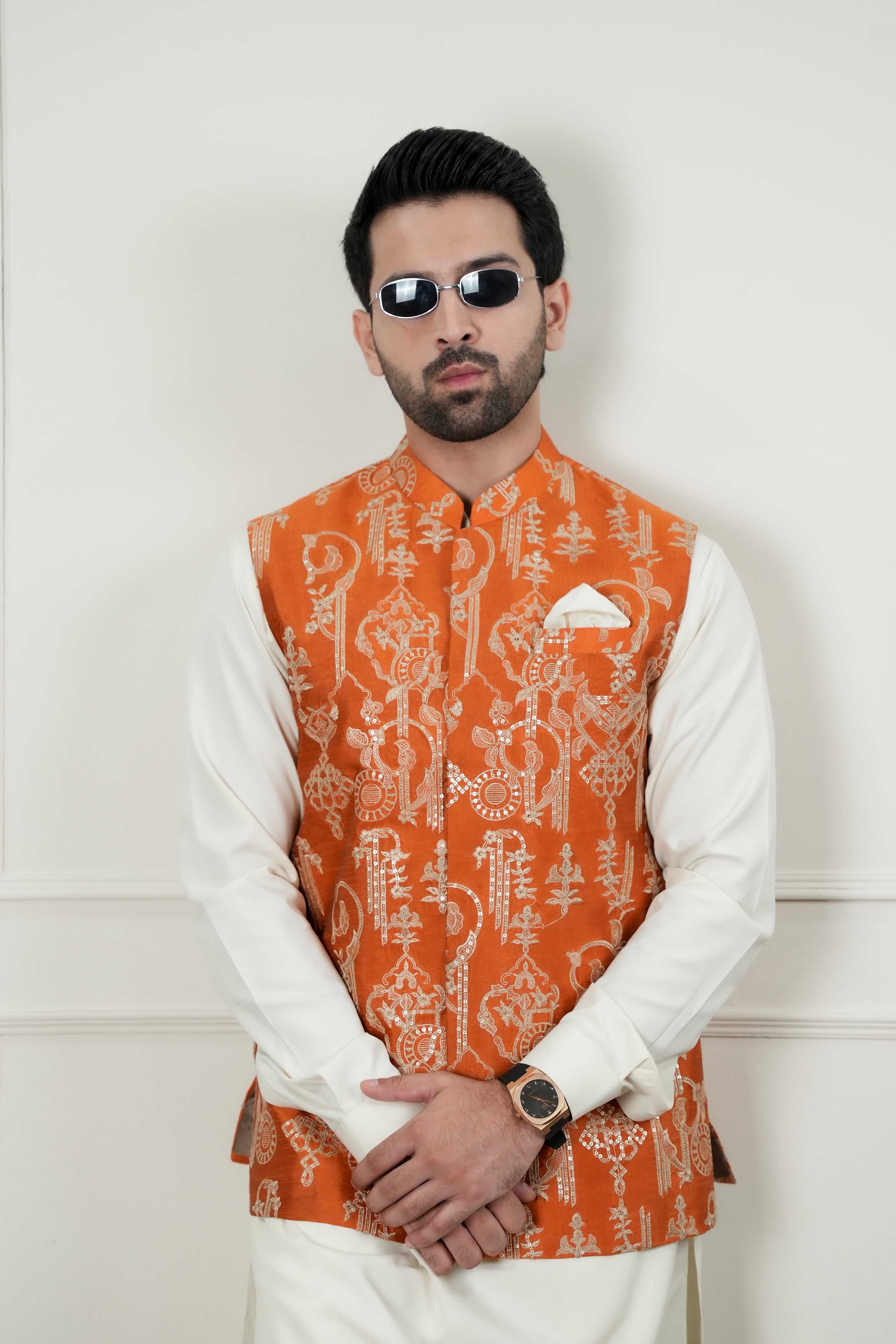 Rust Beige Sequin-Embroidered Waistcoat with Bosky Kurta Pajama (3-Piece) - Image 7