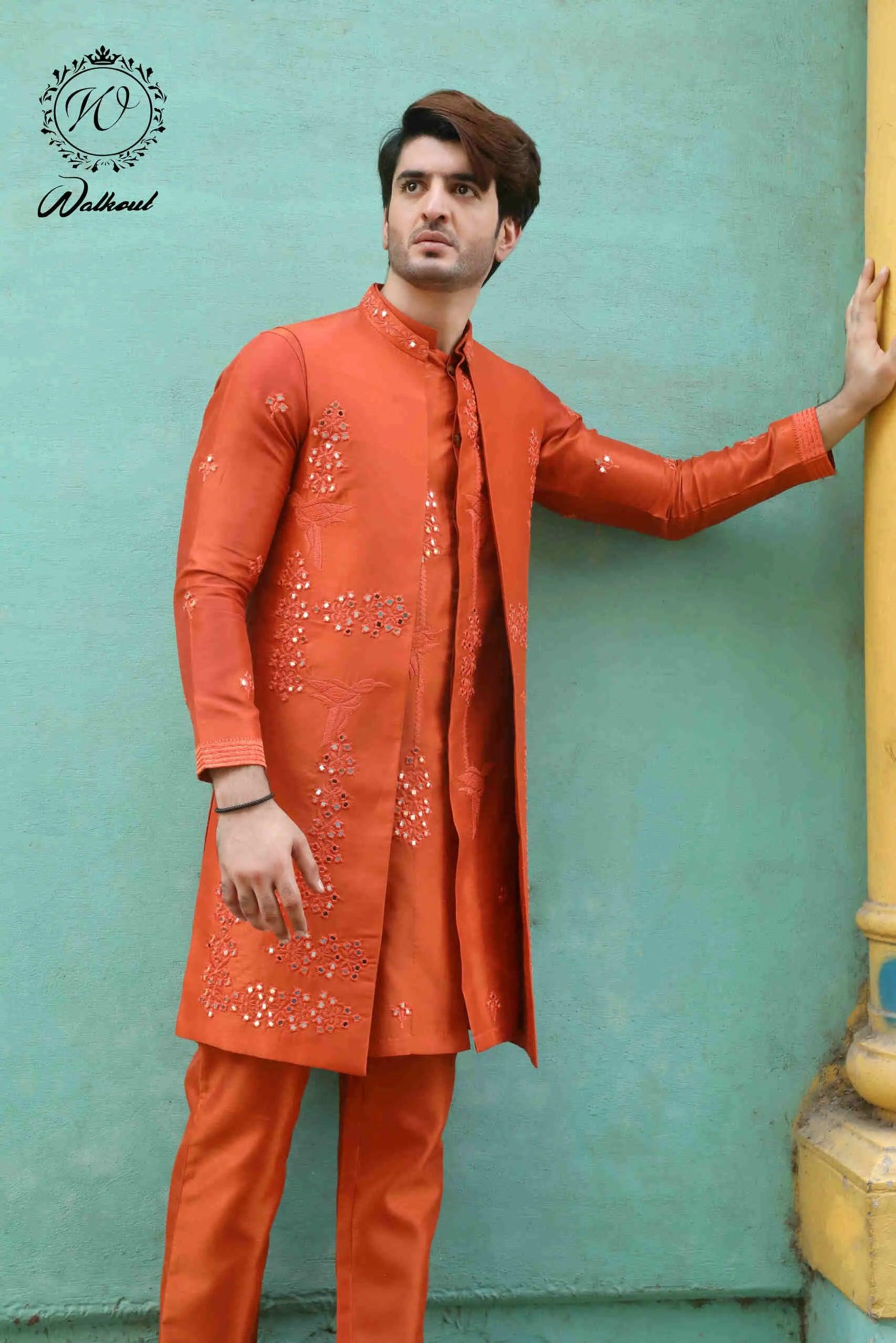 Orange Shesha-Embroidered Silk-Blend Waistcoat Kurta (3-Piece) - Image 1