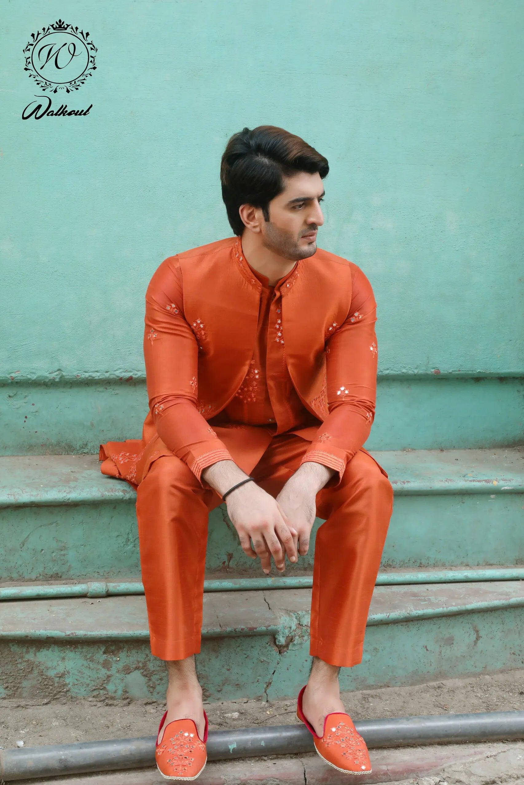 Orange Shesha Embroidered Silk-Blend Waistcoat Kurta (3-Piece) - Image 2