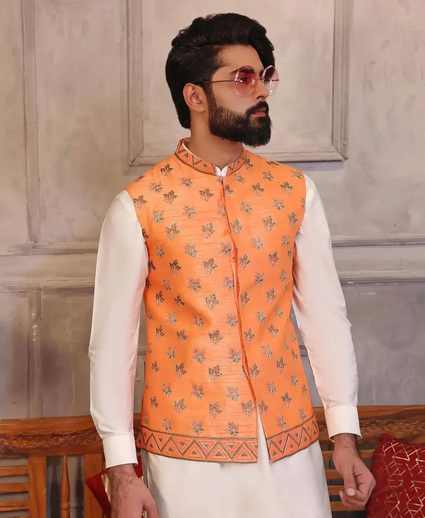 Orange Embroidered Silk-Blend Waistcoat Kurta (3-Piece) - Image 1