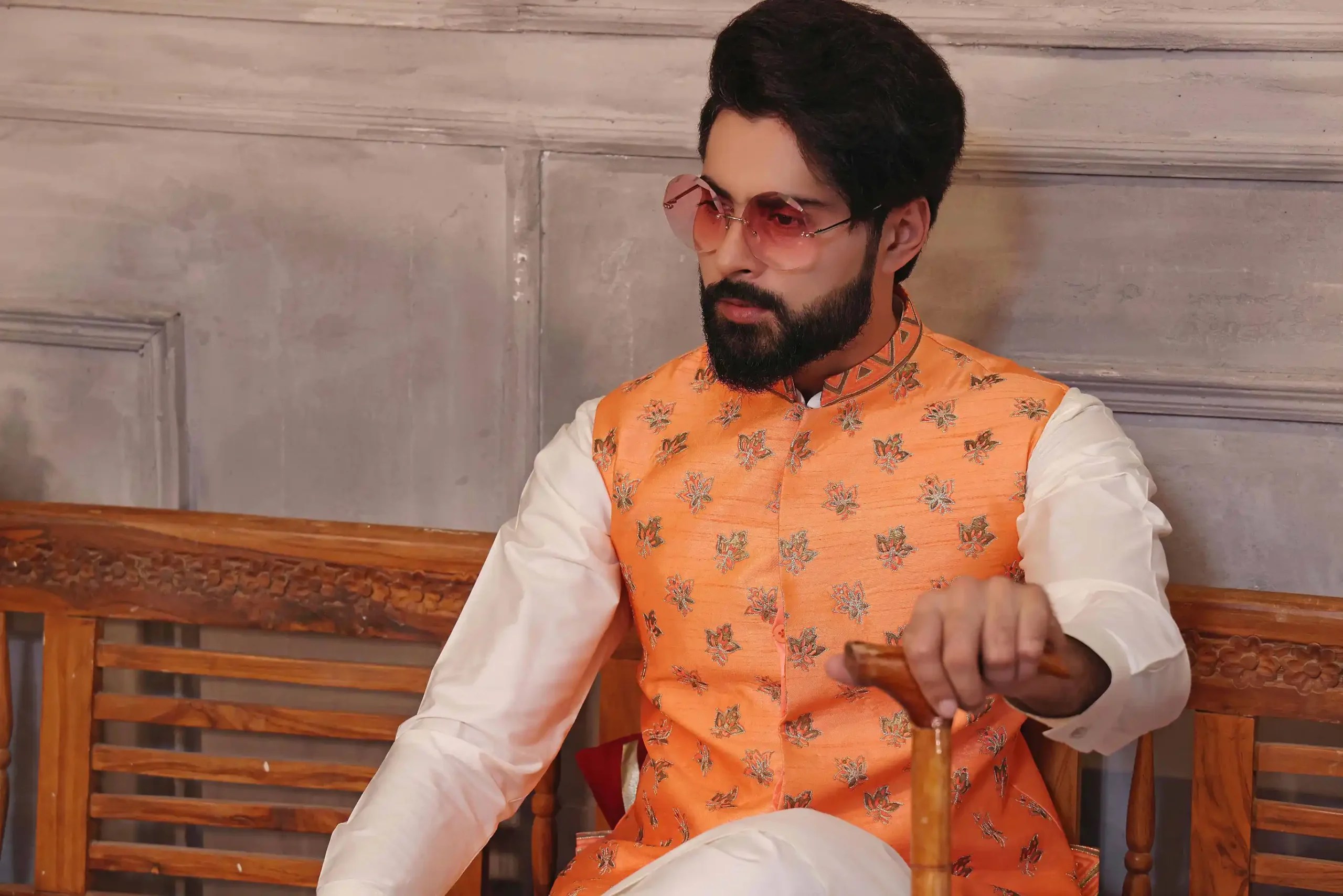 Orange Embroidered Silk-Blend Waistcoat Kurta (3-Piece) - Image 2