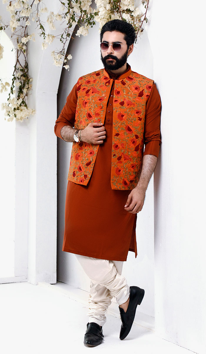 Burnt Orange Embroidered Silk-Blend Waistcoat Kurta (3-Piece) - Image 1