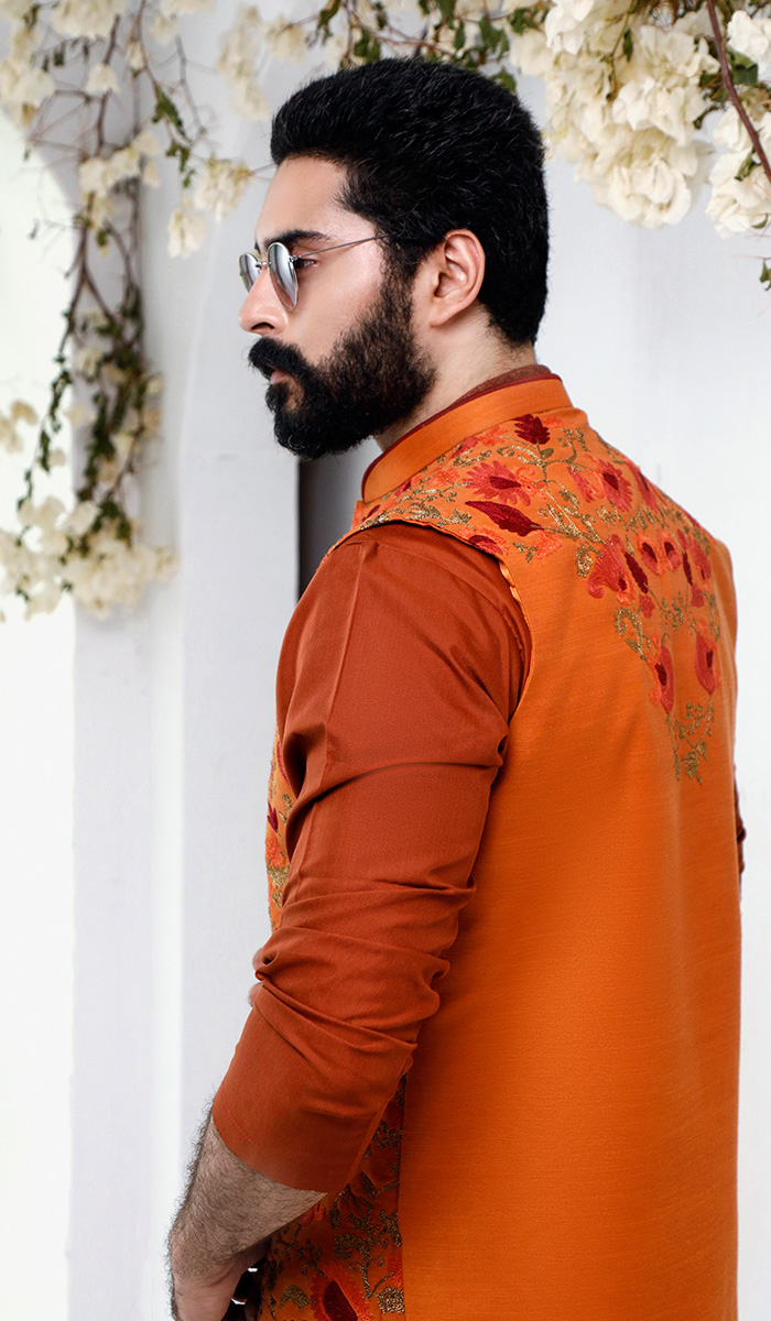 Burnt Orange Embroidered Silk-Blend Waistcoat Kurta (3-Piece) - Image 2