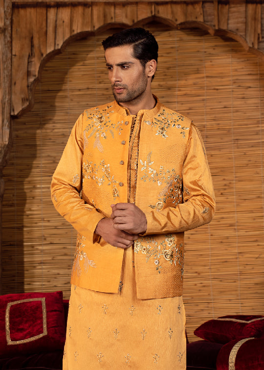Burnt Orange Embroidered Silk-Blend Waistcoat Kurta (3-Piece) - Image 1