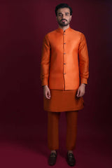 Burnt Orange Jamawar Pure Silk Waistcoat Kurta (3-Piece) - Image 2