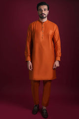 Burnt Orange Jamawar Pure Silk Waistcoat Kurta (3-Piece) - Image 3