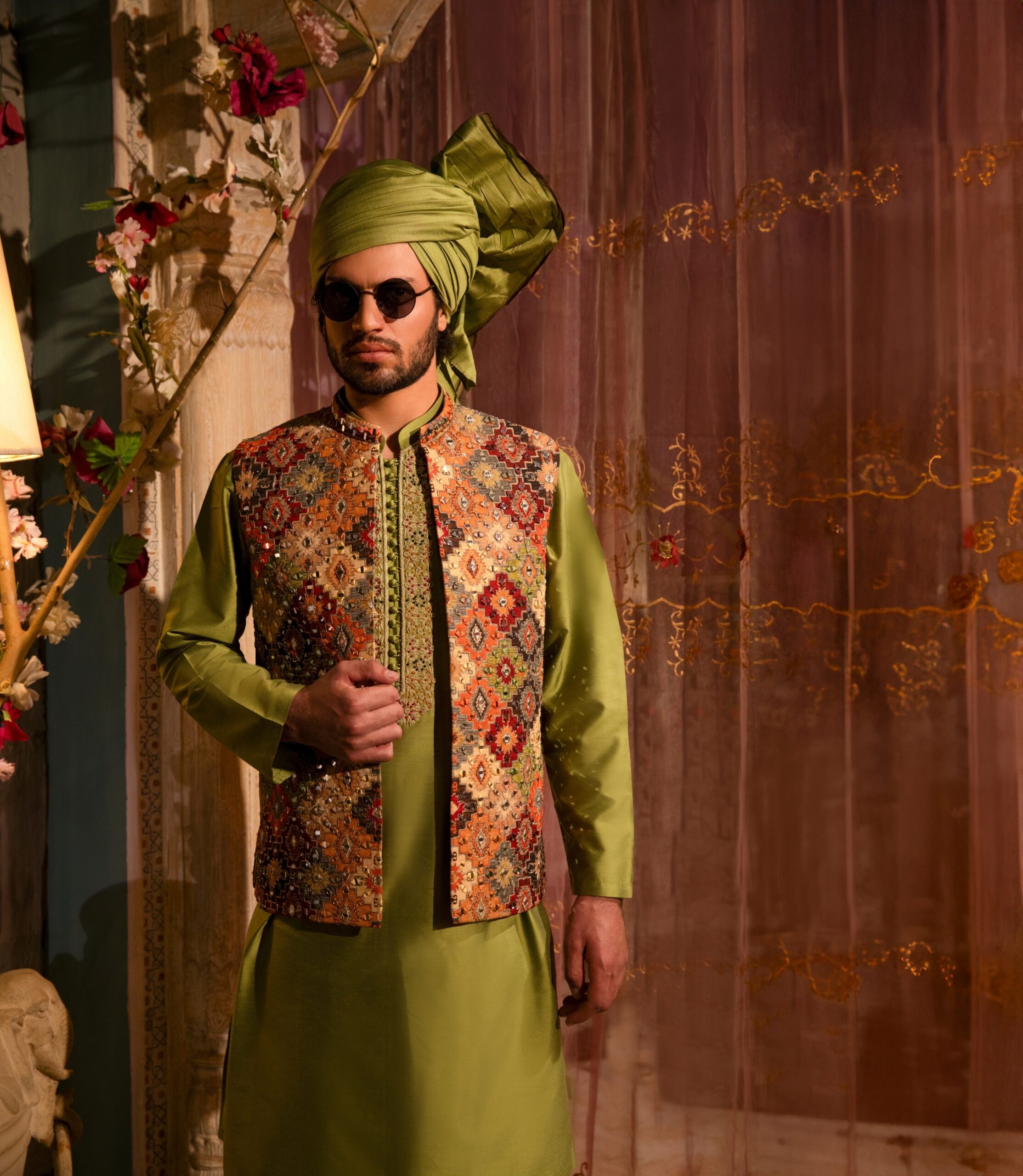 Rust Printed Viscose Waistcoat with Mirror Embroidery (3-Piece) - Image 1