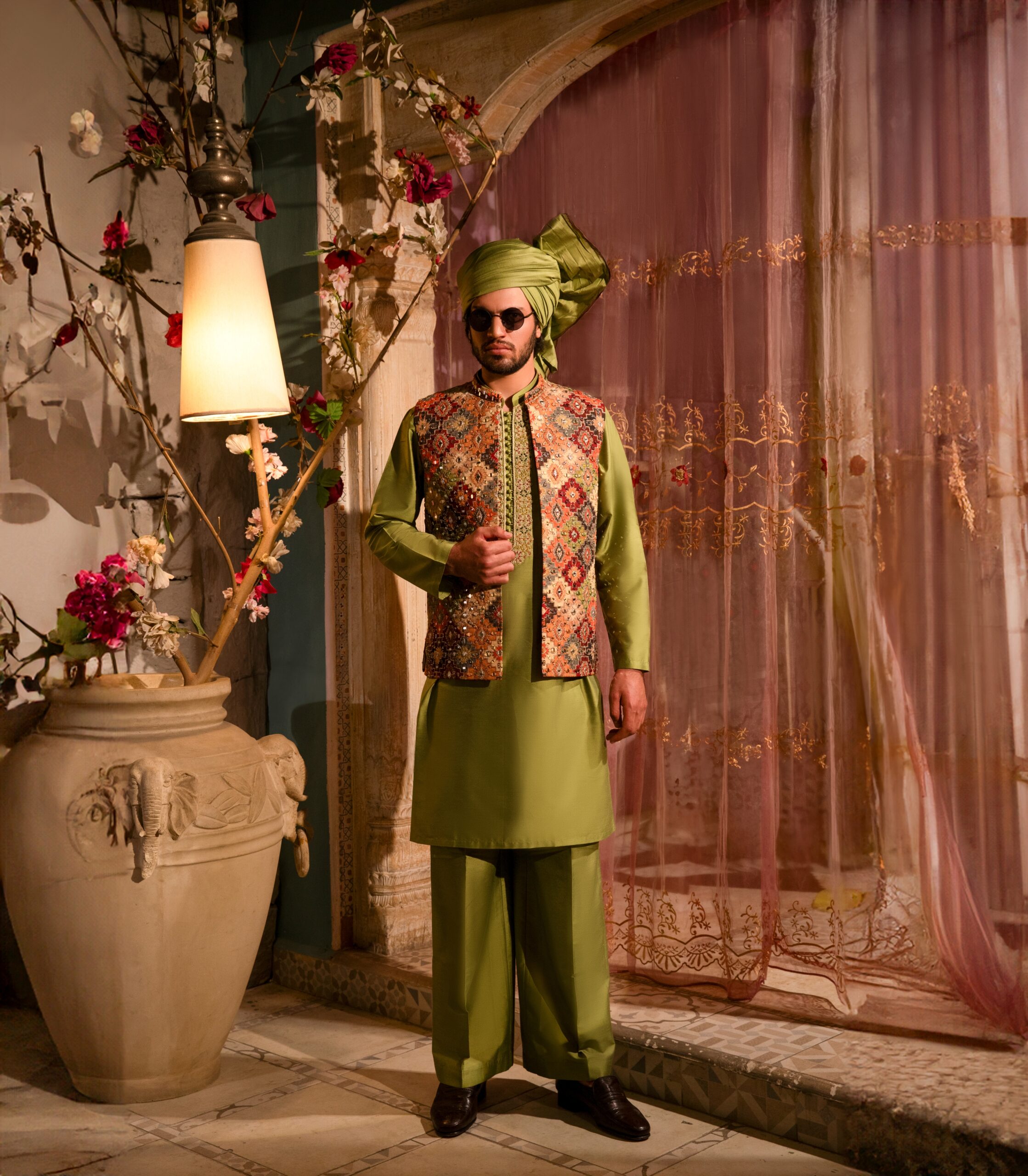 Rust Printed Viscose Waistcoat with Mirror Embroidery (3-Piece) - Image 2