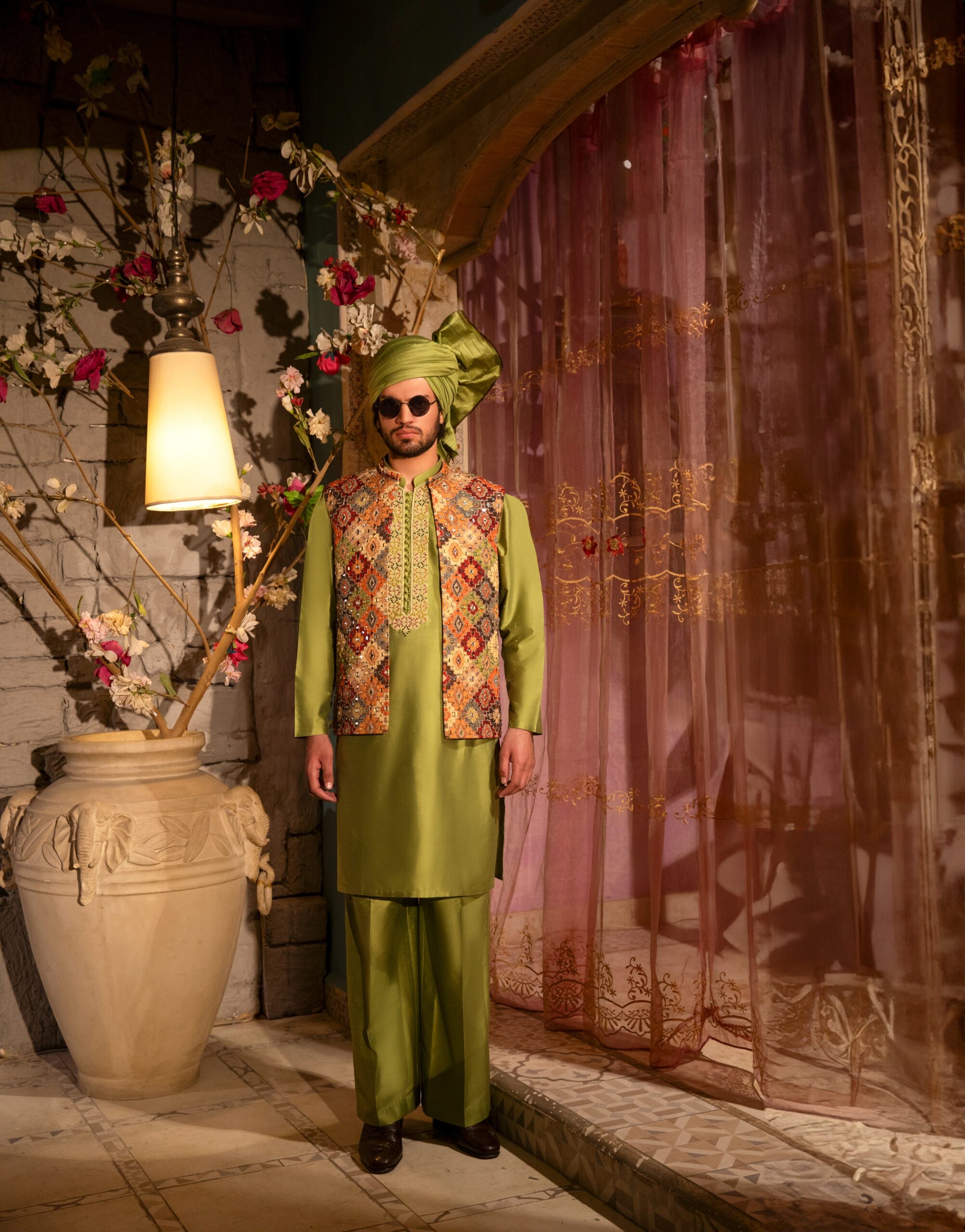 Rust Printed Viscose Waistcoat with Mirror Embroidery (3-Piece) - Image 3