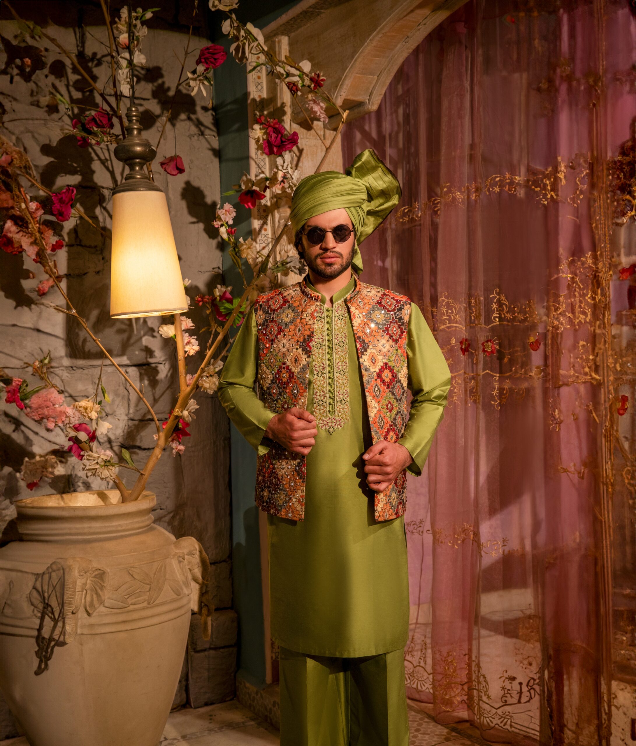 Rust Printed Viscose Waistcoat with Mirror Embroidery (3-Piece) - Image 4