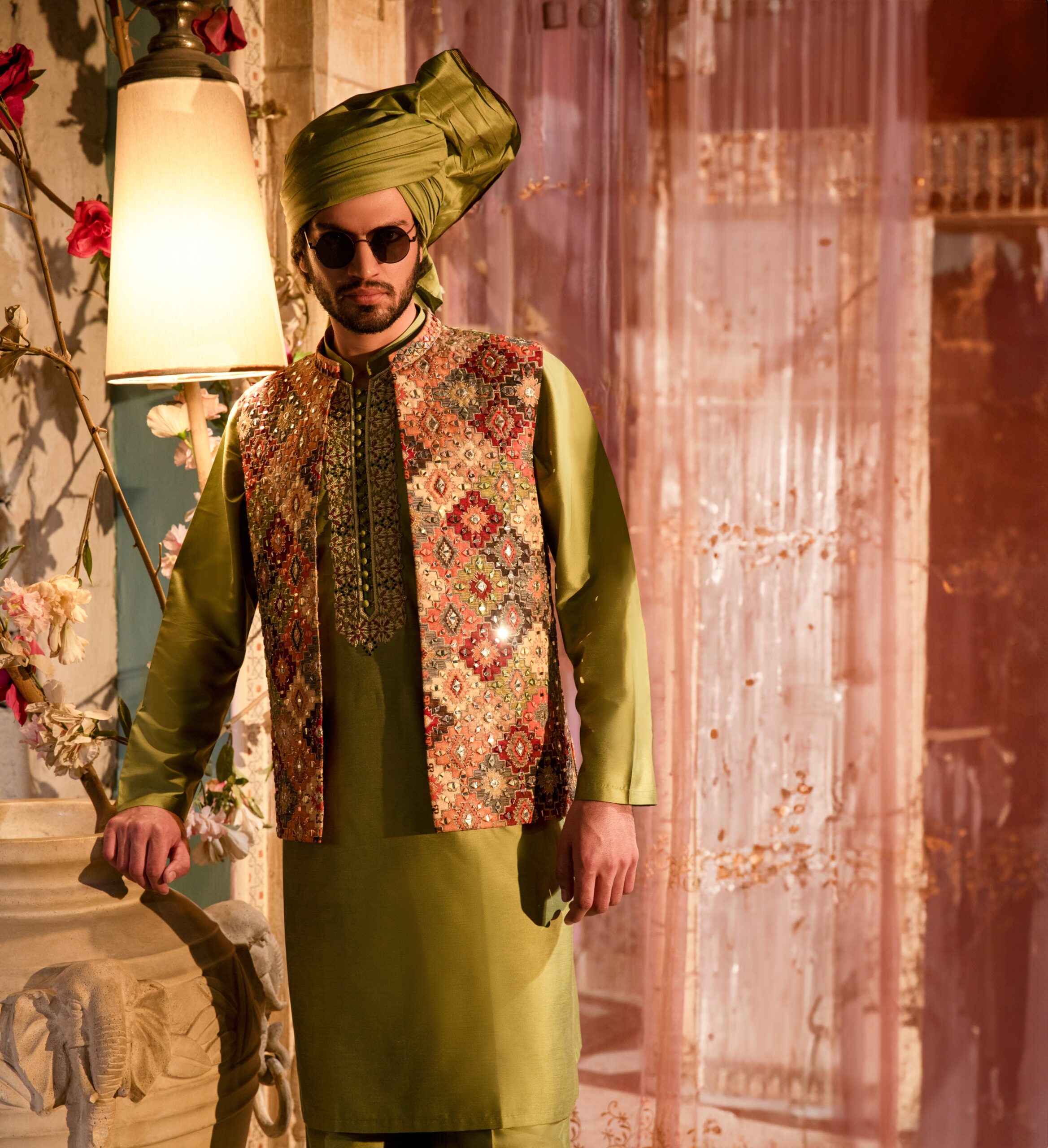 Rust Printed Viscose Waistcoat with Mirror Embroidery (3-Piece) - Image 5