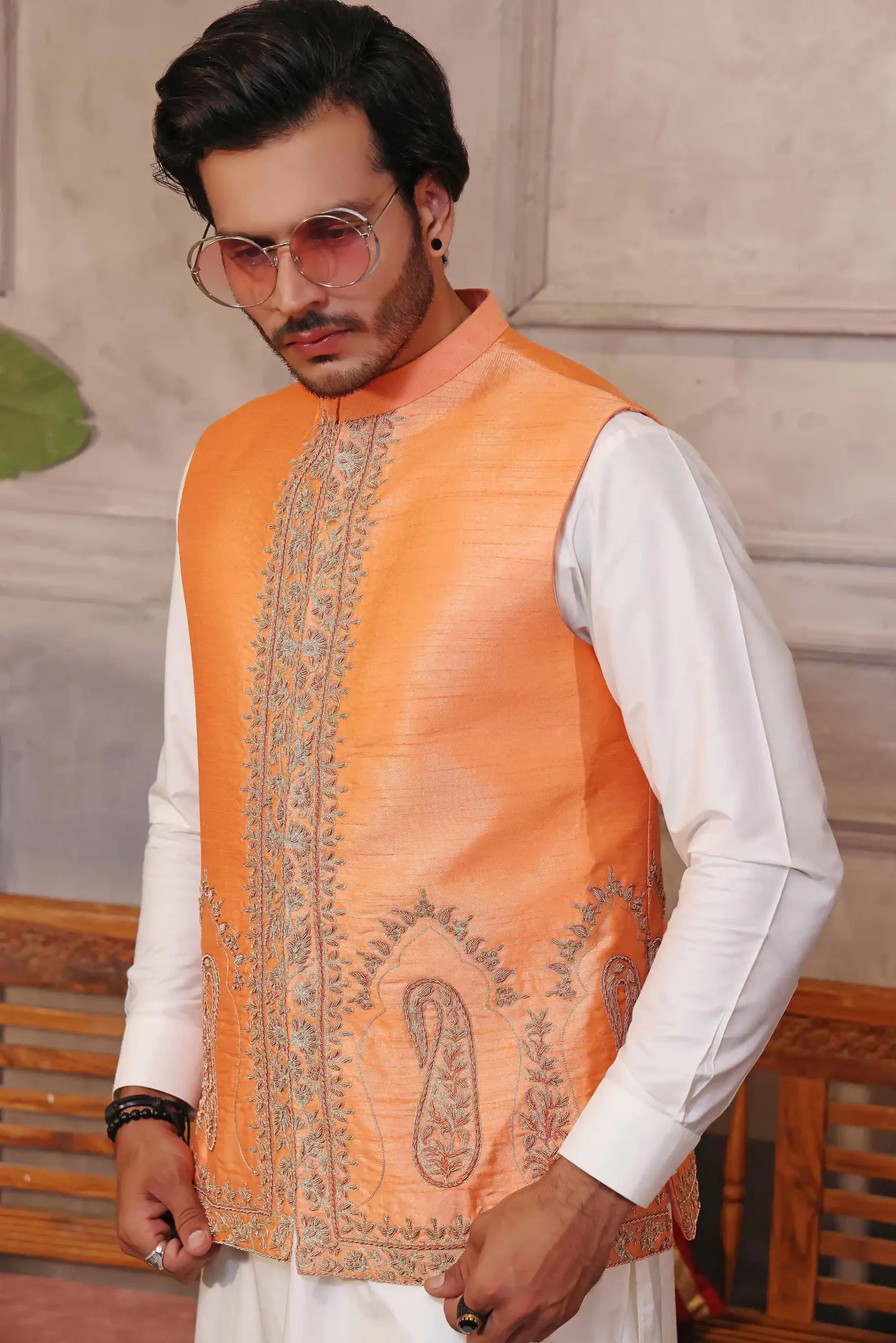 Tangerine Hand-Embroidered Silk-Blend Waistcoat (2-Piece) - Image 2